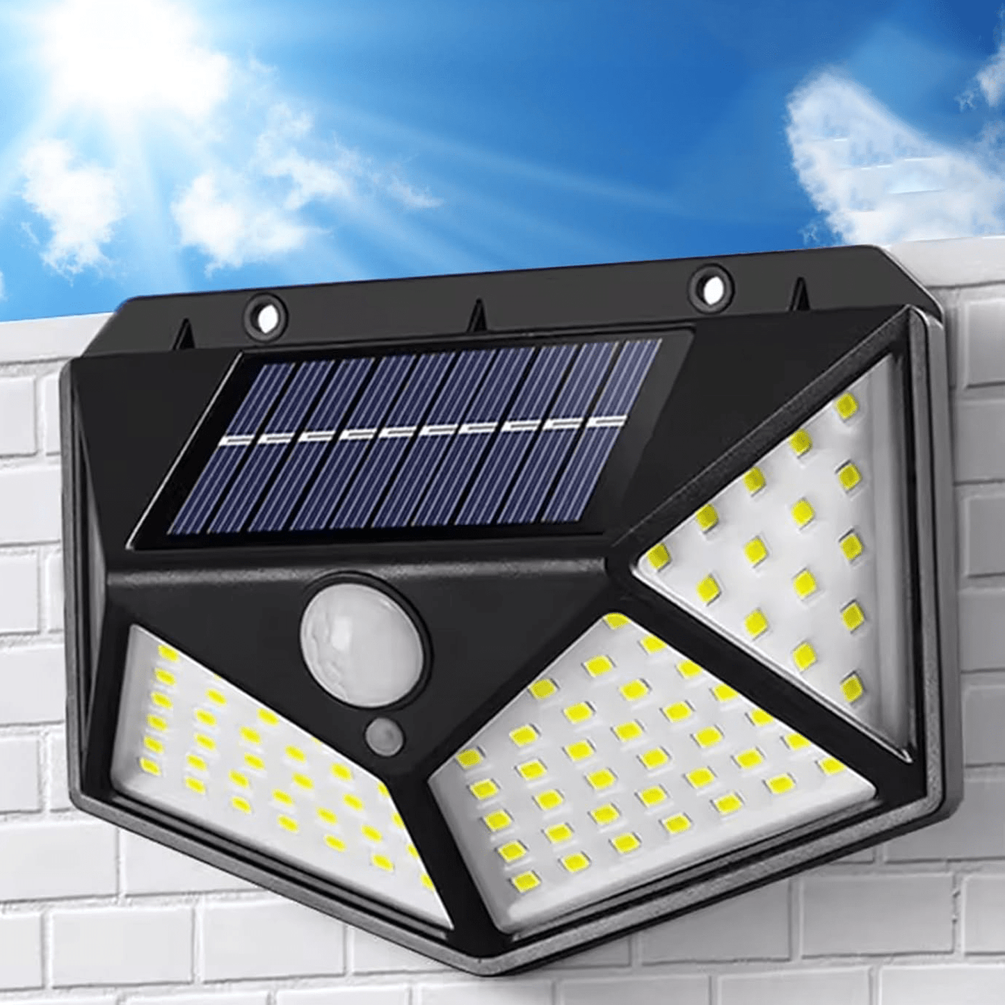 Luces Solares Exterior con Sensor de Movimiento, 100LEDS, 3 Modos de Iluminación, Impermeable, Resistente al Agua, Fácil Instalación, No Necesita Cableado, Luz Led con Sensor de Movimiento, ideal para Jardín, Pared, Porches y Balcones, 10.5 x 14.5 x 6 cm