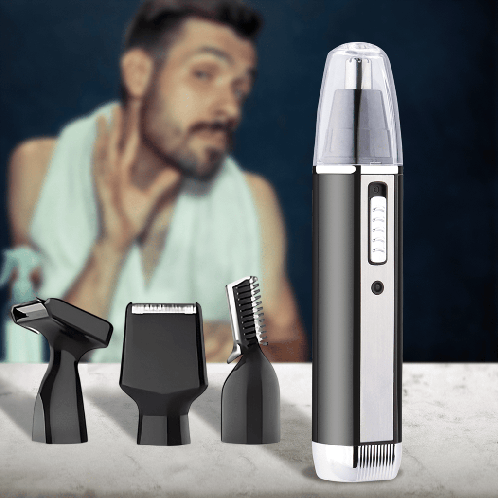 Corta Barba Hombre 4 en 1, Corta Pelos Nariz y Orejas, Barba, Patillas y Cejas, Carga USB, Perfecto para Casa y Viaje, Batería 400 mAh