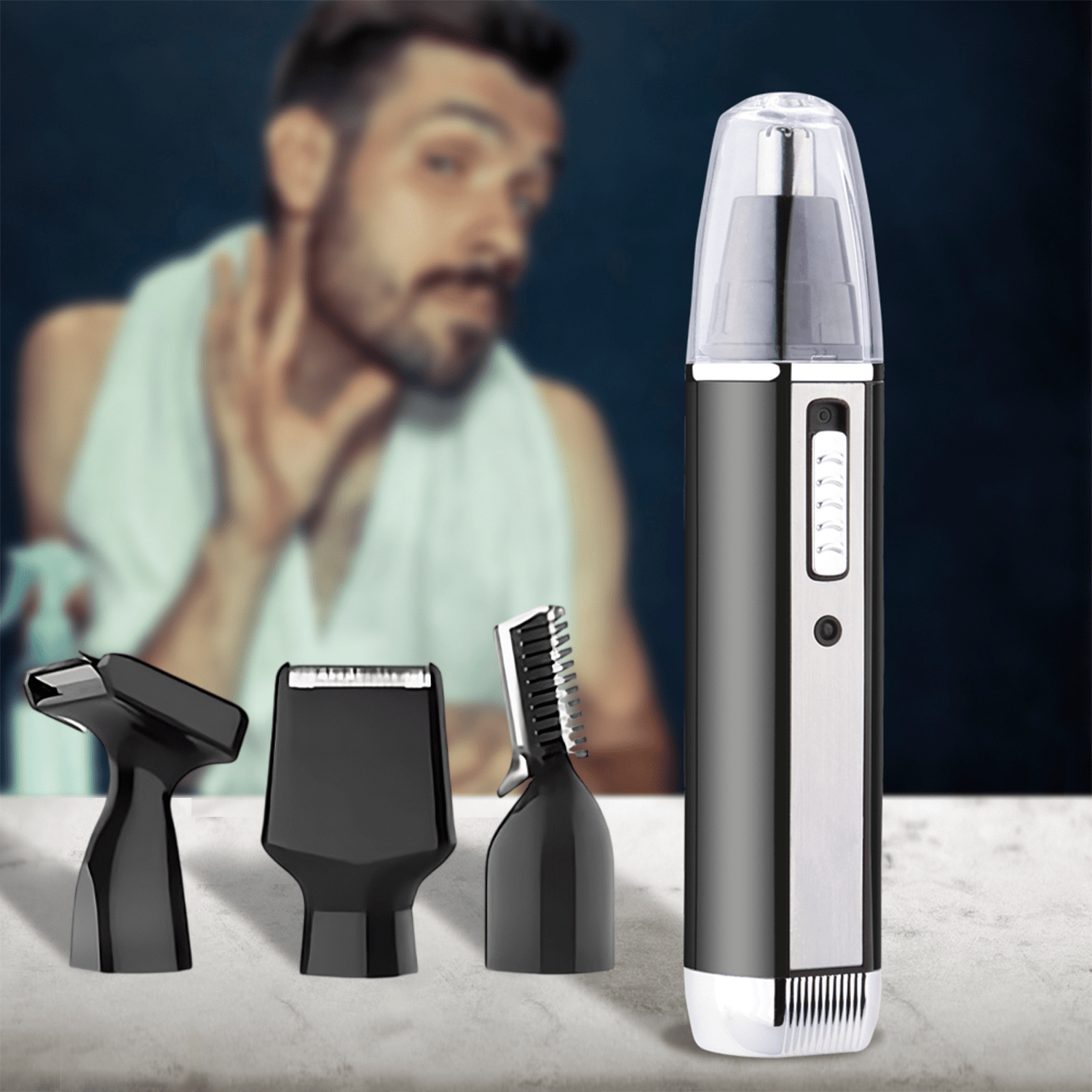 Corta Barba Hombre 4 en 1, Corta Pelos Nariz y Orejas, Barba, Patillas y Cejas, Carga USB, Perfecto para Casa y Viaje, Batería 400 mAh