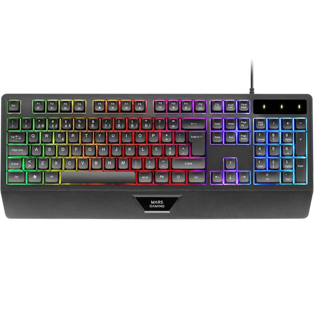 Mars Gaming MK124, Teclado Ergonómico H-Mech, Reposamuñecas Integrado, Iluminación FRGB Rainbow, Teclado Gaming Antighosting Avanzado, Teclado PC Completo Multiplataforma, Idioma Portugués, Negro