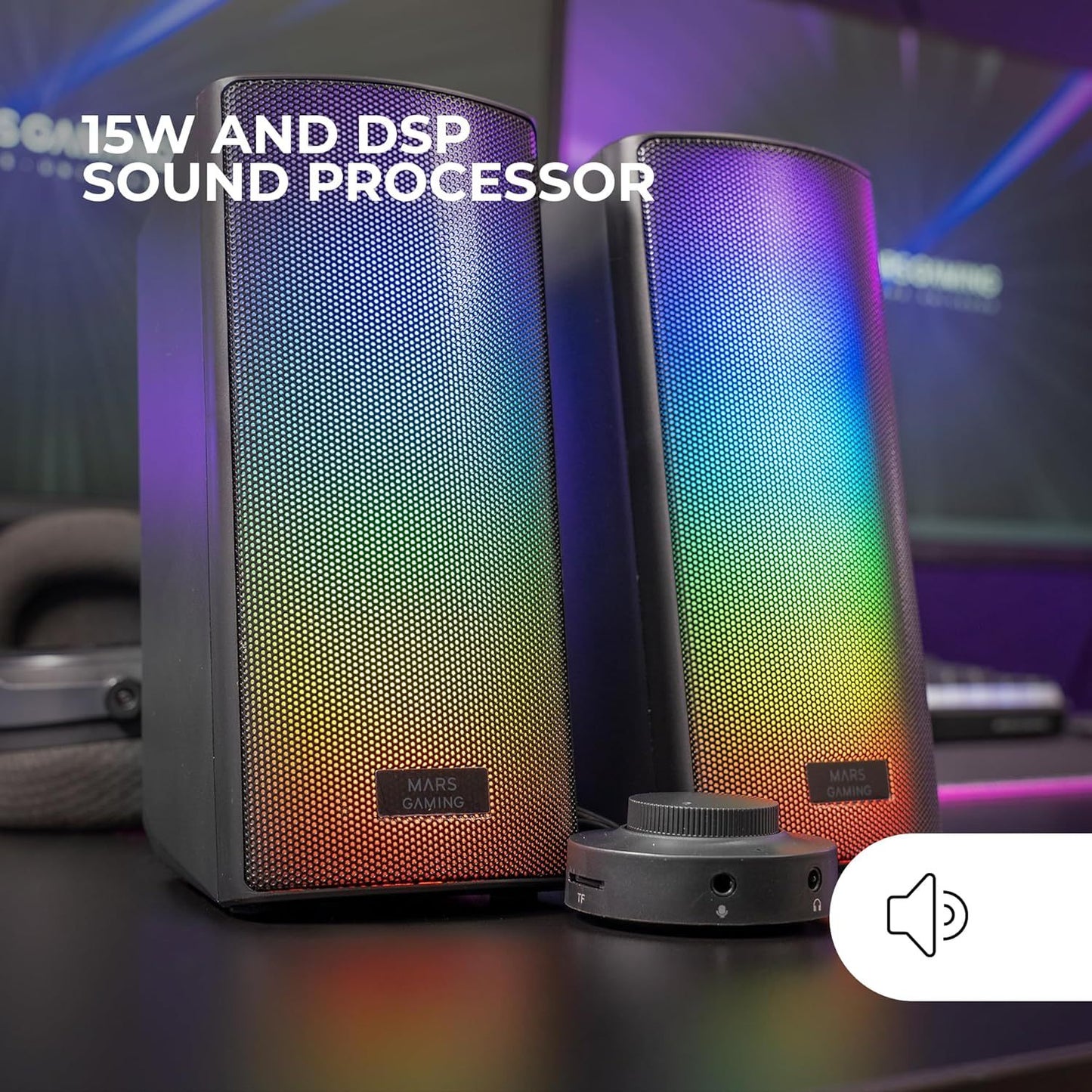 Mars Gaming MSRGB2, Altavoces Bluetooth 5.3 15W, Procesador de Sonido DSP, Iluminación RGB Dinámica, Frontal Total Mesh, Altavoces Compactos con Caja de Control, Entrada Jack de 3.5mm y USB, Negro