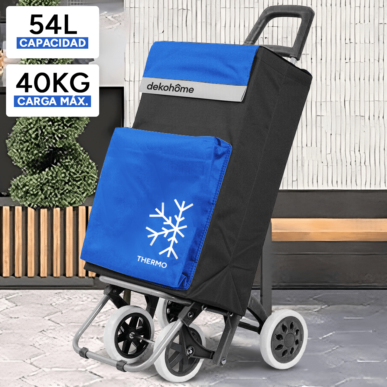 Carro Compra Plegable 4 Ruedas con Bolsillo Térmico para Congelados, Carro Plegable con Ruedas, 54 Litros de Capacidad y 40 Kg de Carga Máxima, Compartimentos Extra, Ruedas Grandes Resistentes para Facilitar el Movimiento y el Transporte del Peso