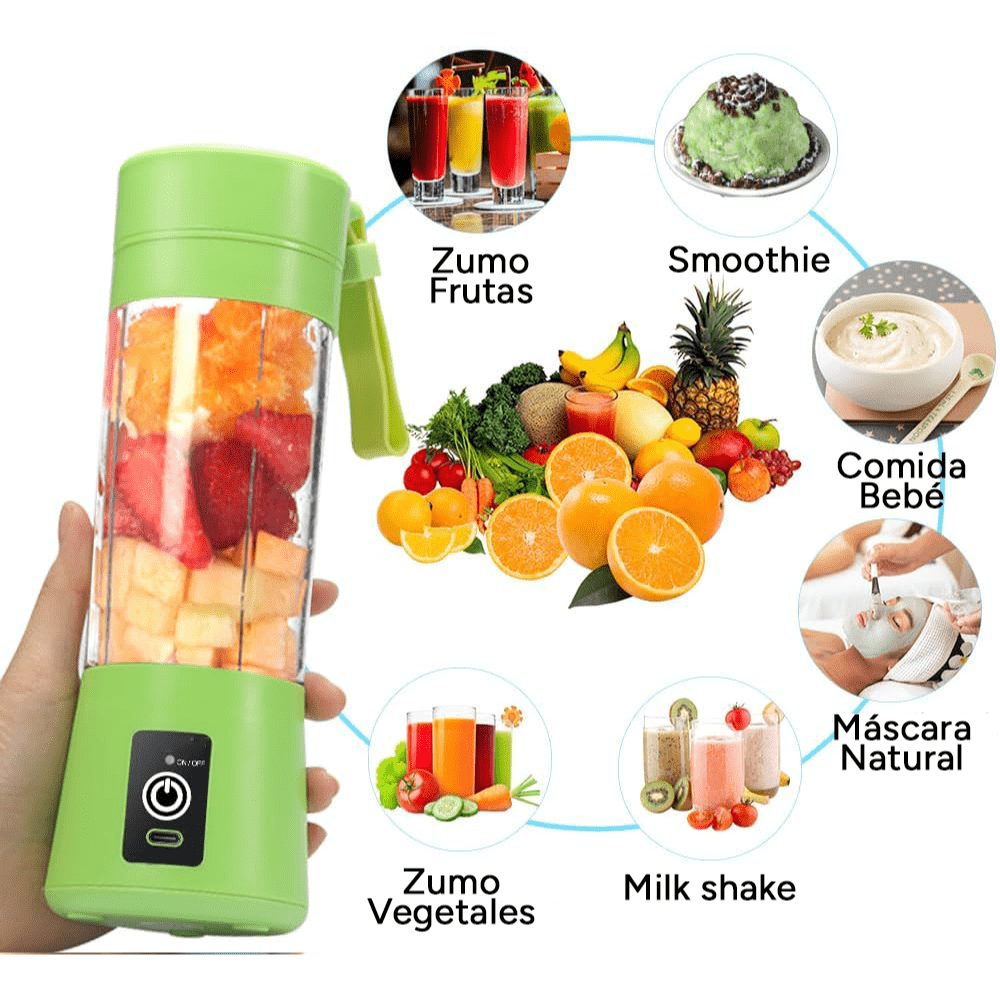 Licuadora Portatil Zumos y Batidos, Batidora para Frutas y Verduras, 6 Cuchillas de Acero, Vaso de 380ml de Capacidad, Ideal para Llevar, Cable de Carga USB, Batería de 800 mAh, 22000 RPM