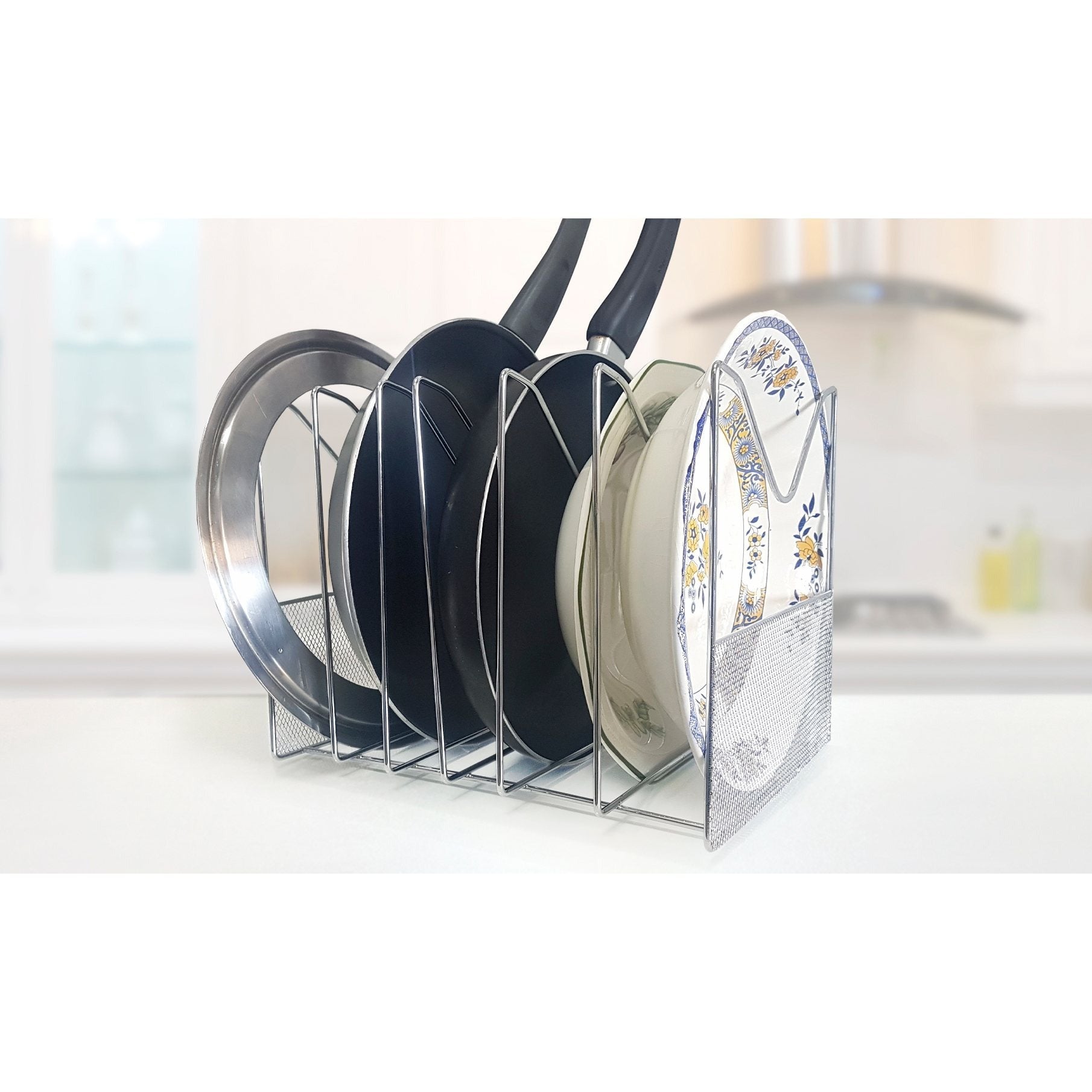 Organizador Sartenes con 6 Ranuras, Formato Compacto ideal para Ahorrar Espacio, Perfecto para Apilar Sartenes o Utensilios de Cocina, 22.8 x 24 x 29.8 cm
