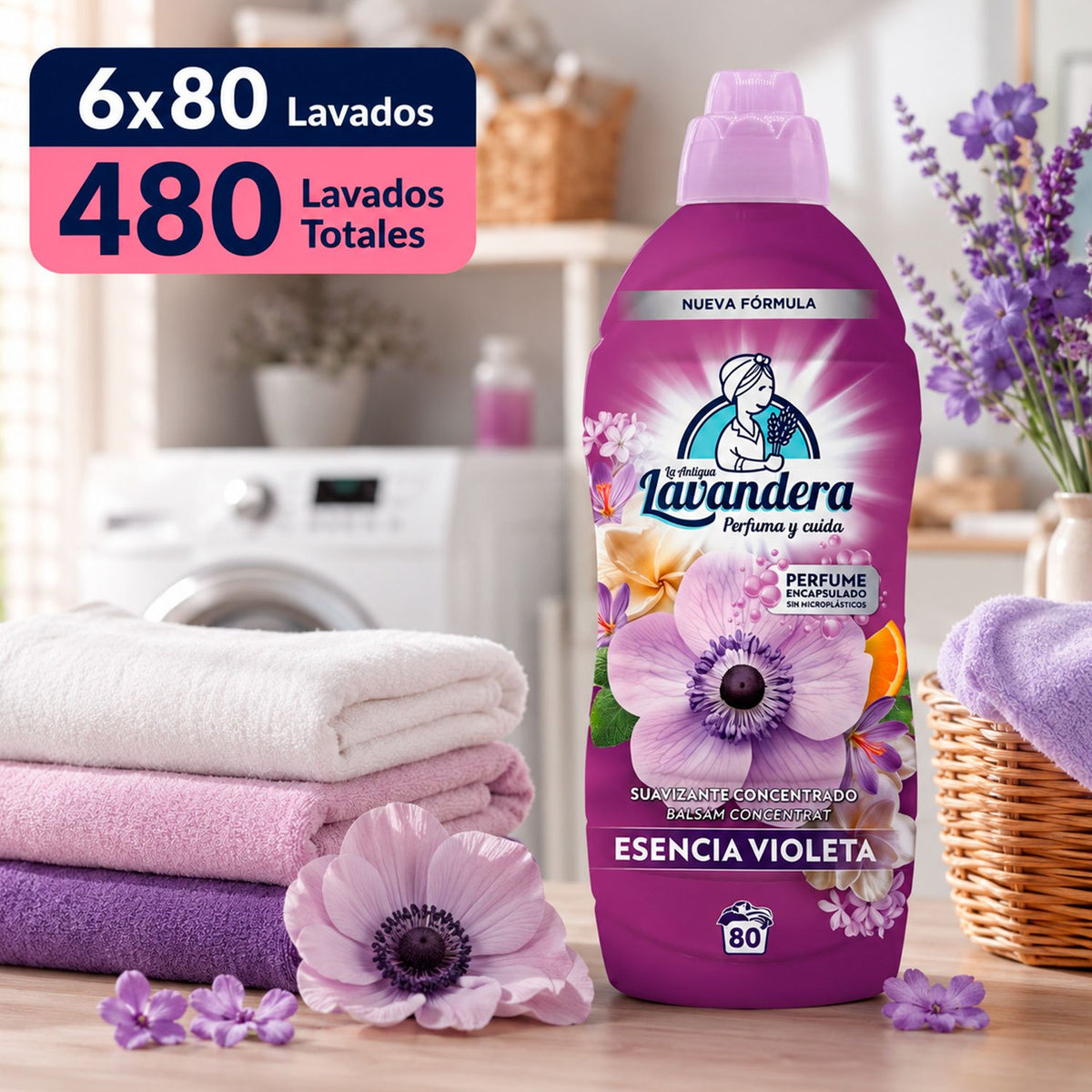 La Antigua Lavandera Suavizante para Ropa, Aroma Esencia Violeta, Pack de 6 Botellas de 1.76 L Cada Una, 10.56 L en Total, 480 Lavados