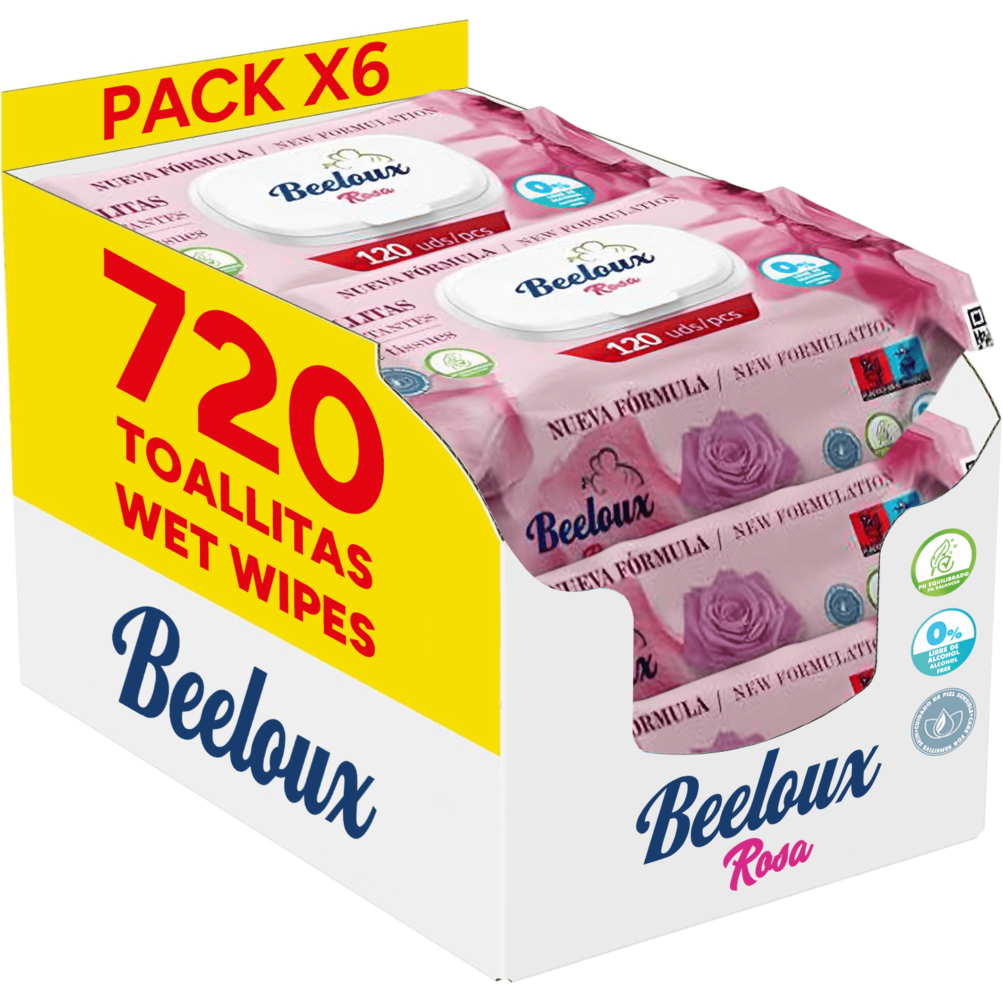 Beeloux Toallitas Húmedas, Cuidado e Hidratación Profunda, Toallitas Hidratantes con Fibras Ultrasuaves ideales para Piel Sensible, Perfume Floral, 6 Packs de 120 Toallitas, 720 Toallitas