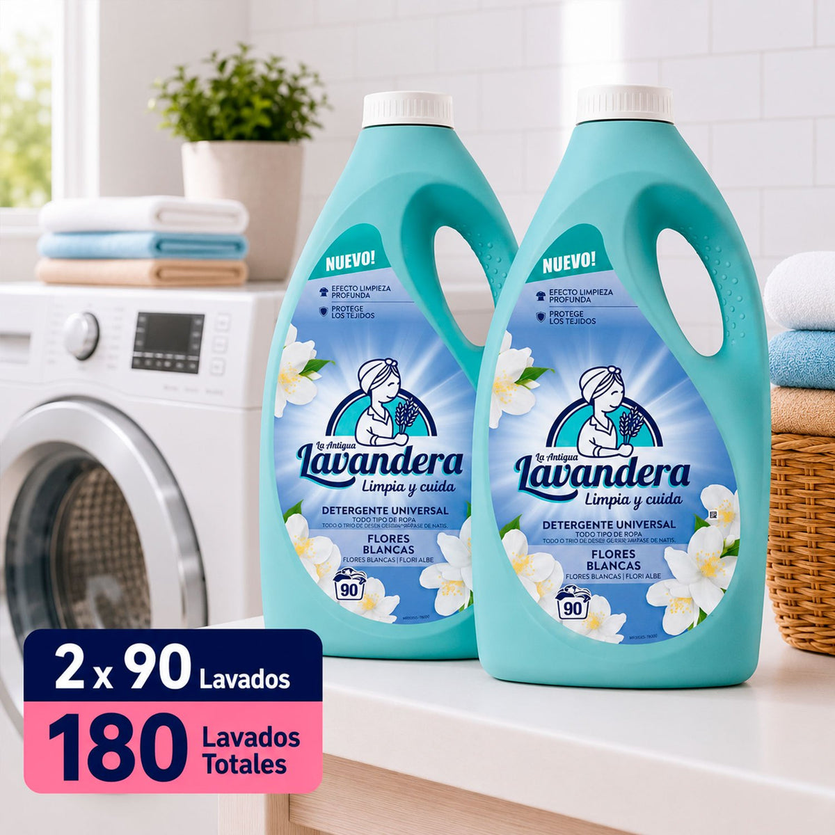 La Antigua Lavandera Detergente Líquido para Ropa, Aroma Flores Blancas, Pack de 2 Botellas de 90 Lavados Cada Una, 180 Lavados en Total