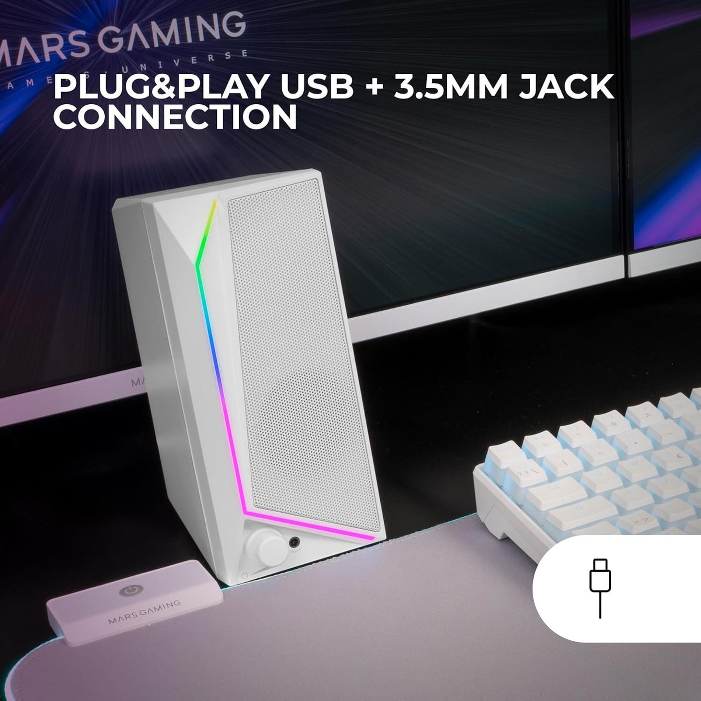 Mars Gaming MS72, Altavoces Gaming 15W, Iluminación RGB Flow, 2 Drivers Activos, Chipset DSP, Conexión Plug&Play USB y Jack 3.5mm, Rueda Control de Volumen y Puerto de Audio para Auriculares, Blanco