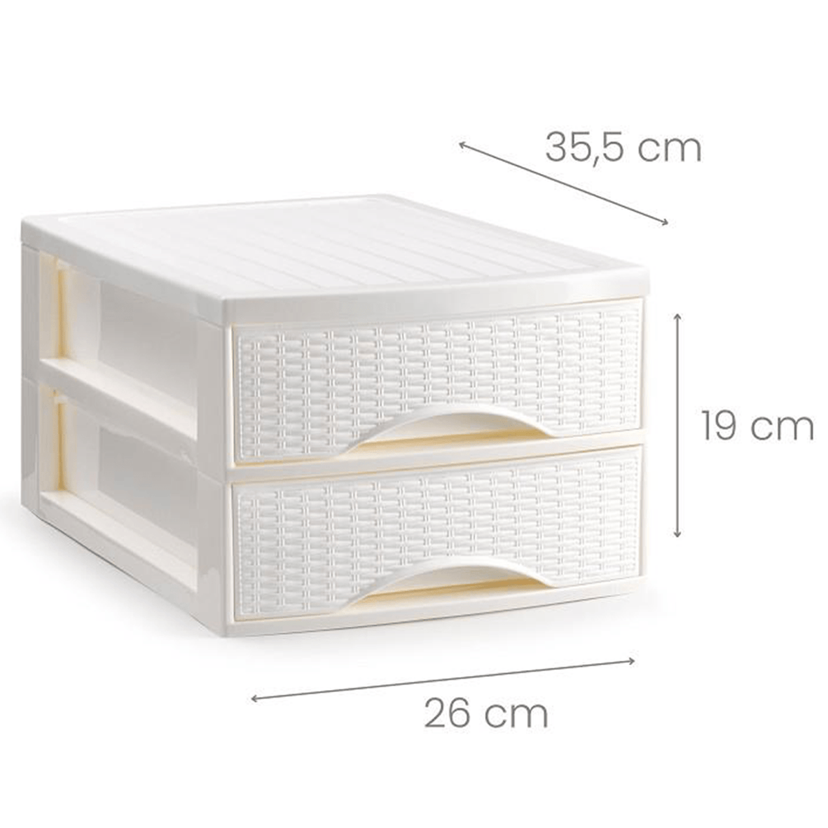 Cajonera Almacenamiento de Sobremesa, Efectto Rattan, 2 Cajones, Ideal para Ordenar y Organizar el Hogar, Blanco, 26 x 35.5 x 19cm