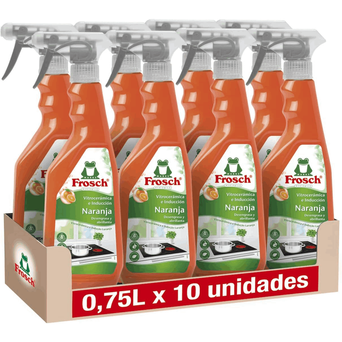 Frosch Limpiador Vitrocerámica y Placas de Inducción con Aceite de Naranja Roja, Acción Protectora, Desengrasante y Brillante, Formato Spray, Pack de 10 Unidades x 750 ml, 7.5L en Total