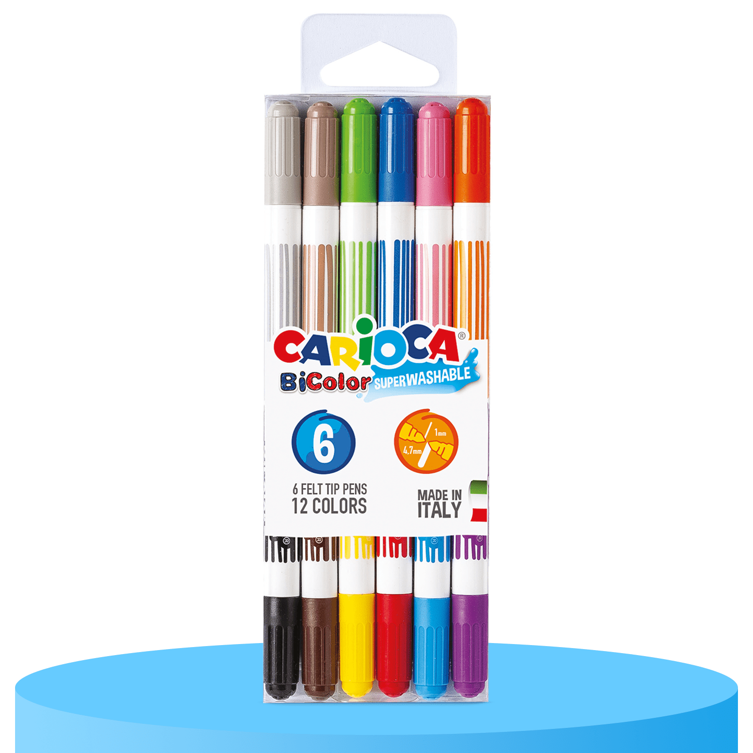 CARIOCA BiColor Rotuladores de Colores con Doble Punta, Punta Media, Rotuladores Lavables, Paquete de 6 Rotuladores con 12 Colores
