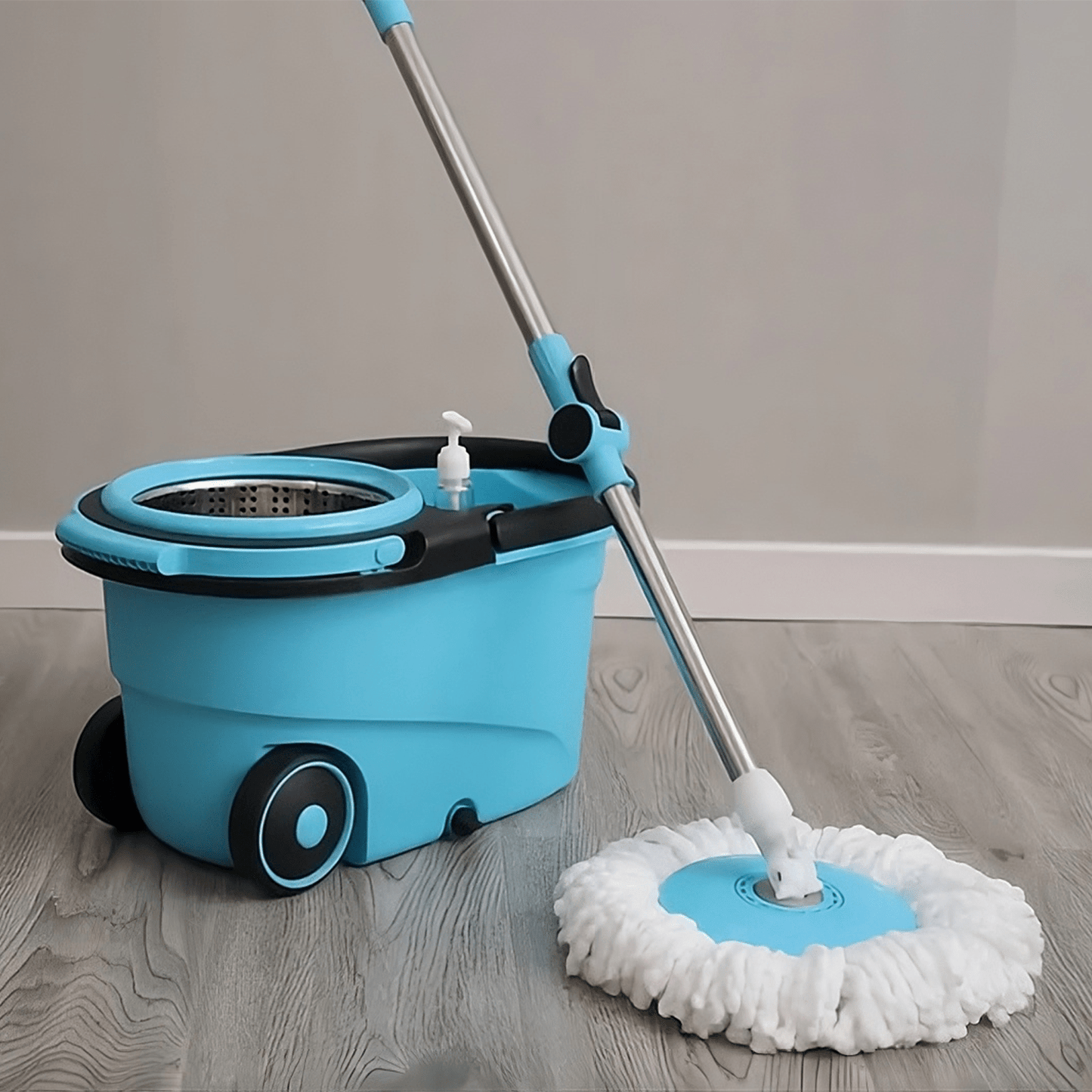 Mopas de Limpieza Suelo, Mopa Giratoria de Microfibra 360° con Cubo con Ruedas de 12L, Autoescurrido sin Esfuerzo, Gran Poder de Absorción, Fácil de Usar, Uso en Seco y Mojado, para Todo Tipo de Superficies, con Palo de Acero Regulable
