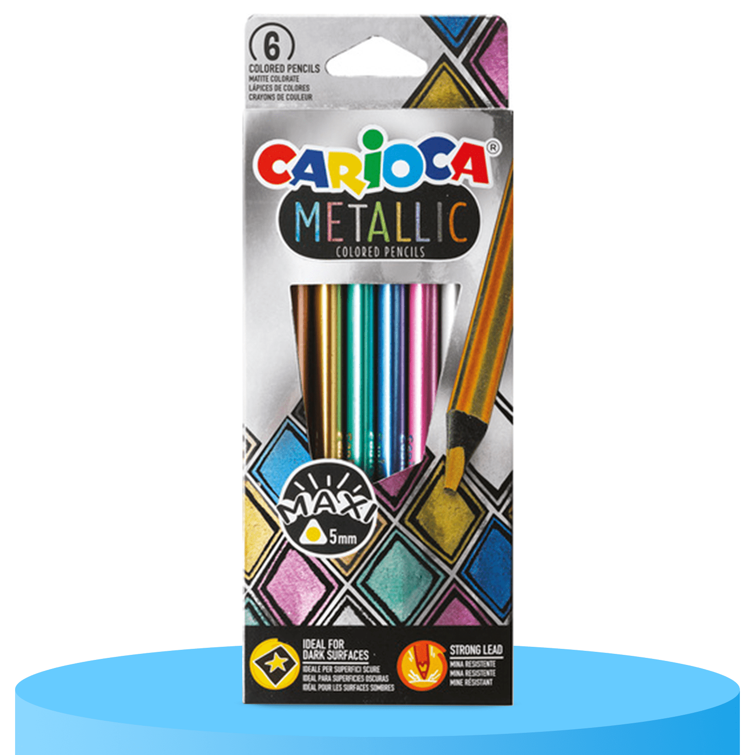 CARIOCA Lapices de Colores Metalizados, Colores Metalizados, Resistentes a Caídas, Forma Triangular con Mina de Color de 5mm, Ideal para Superficies Oscuras, Paquete de 6 Lápices