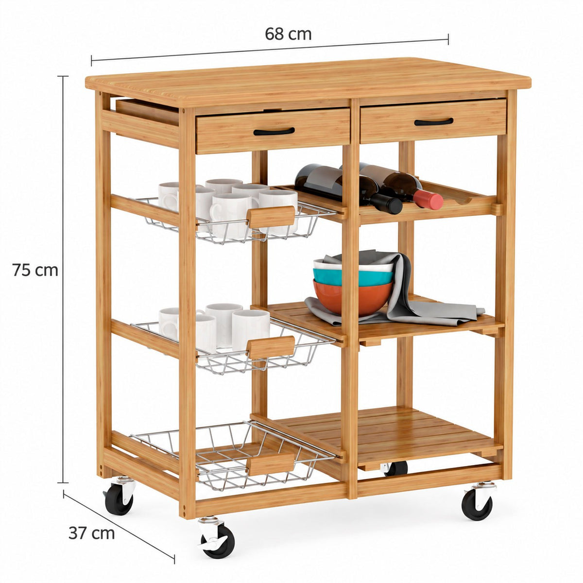 Carro Auxiliar de Cocina de Bambú con Ruedas, Carrito Organizador con 2 Cajones, Estantes y Cestas Extraíbles, Diseño Multifuncional para Almacenamiento y Servicio, 68 x 37 x 75 cm