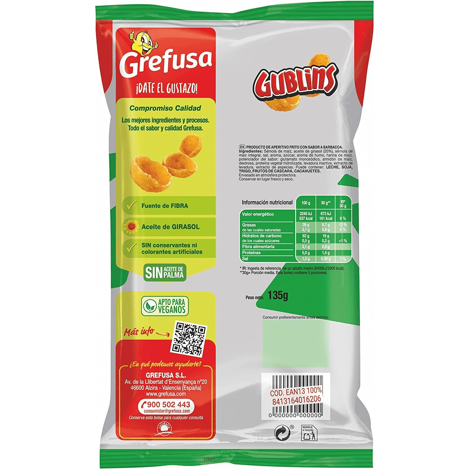 Grefusa Gublins Sabor Barbacoa, Snack Crujiente de Maíz, Ideal para Picar, Bolsa de 135g