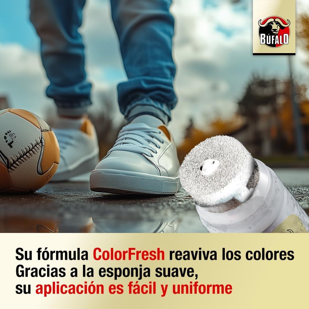 Búfalo Crema para Zapatos Autobrillante Color Blanco, Formulada con Aceite Natural de Almendras, Cuidado del Calzado y Color, Brillo Intenso Inmediato, Frasco de 50ml