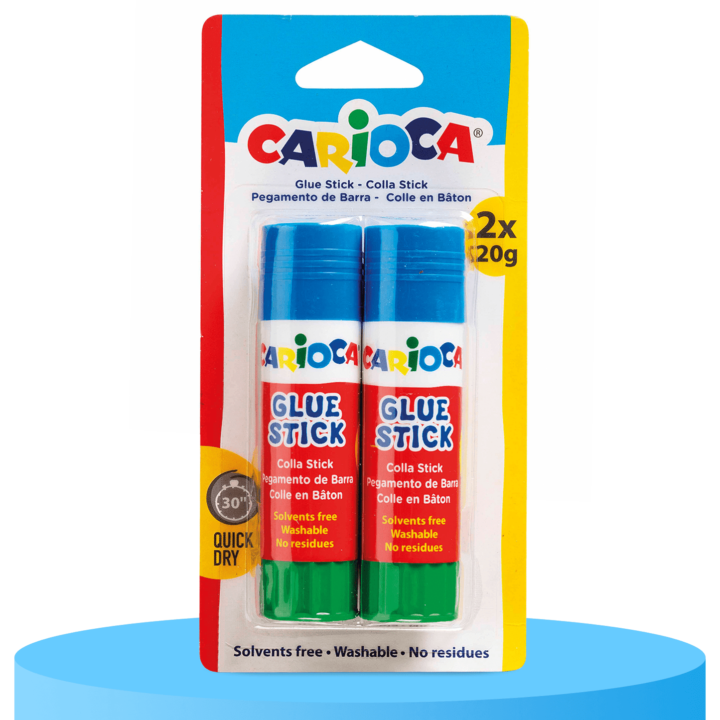 CARIOCA Pegamento de Barra, Secado Rapido en 30 Segundos, Sin Disolventes, Lavable, Sin Residuos, 2 Unidades de 20g