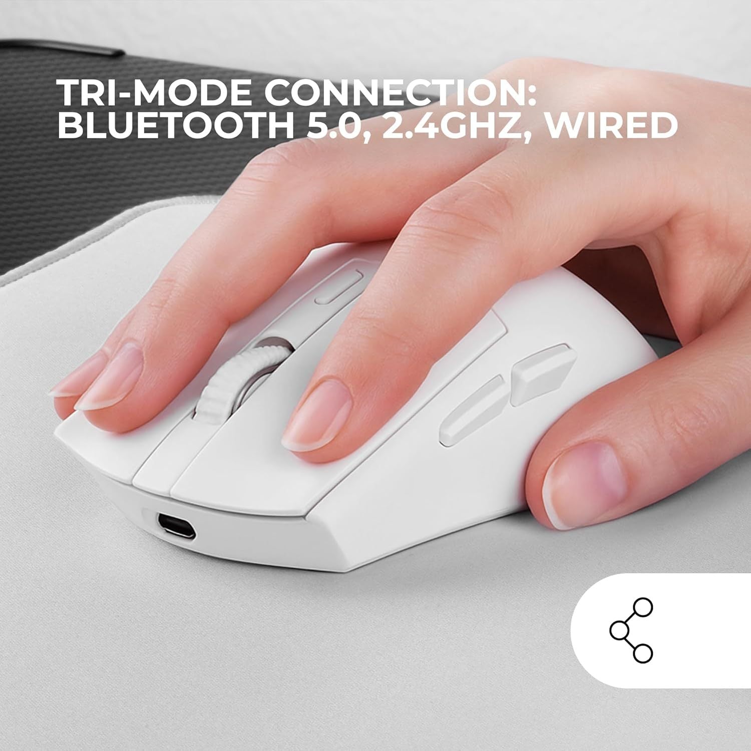 Mars Gaming MM-T3, Ratón Inalámbrico Ligero, Bluetooth 5.0 + 2.4GHz + Cable, Sensor Óptico PIXART PAW3104PRO 14400 dpi, Base de Carga Magnética RGB, Switches Huano, Software de Control, Blanco
