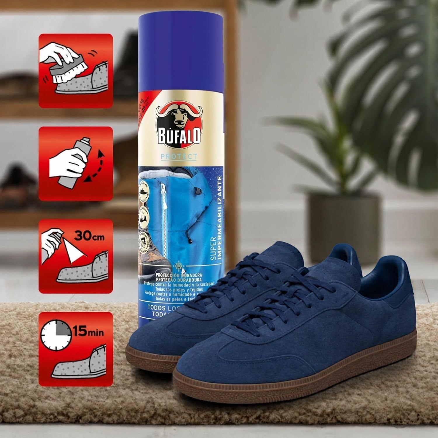 Búfalo Spray Impermeabilizante Zapatos, Spray Protector Zapatillas Transparente, 100% Repelente al Agua y a la Suciedad, Para Zapatos de Tela, Cuero y Textiles, Protector de Ante y Nobuk, 250ml