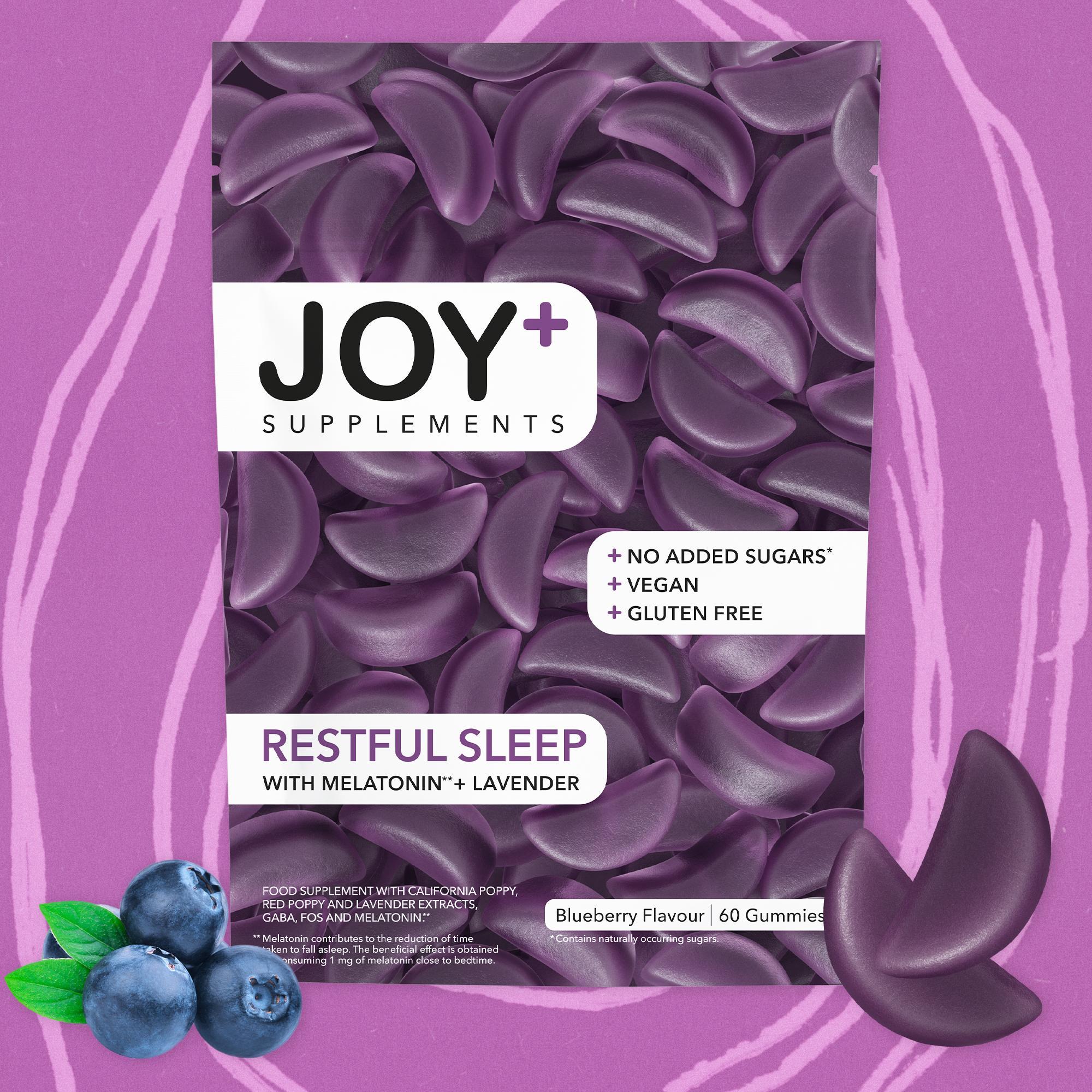 Pack x3 Gominolas para Dormir con Melatonina, Lavanda, Amapola California, Amapola Roja y GABA, Sabor Arándanos, 3 x 60 Gummies, 180 Gummies - Joy+ Supplements