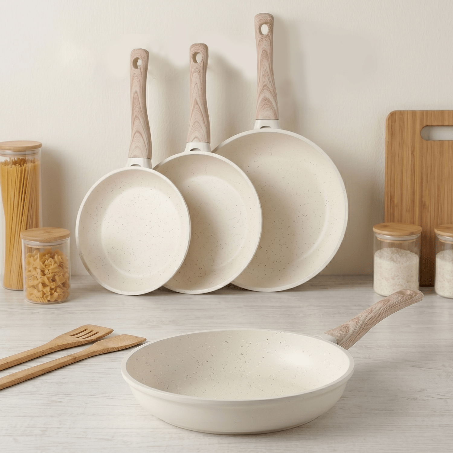 Sartenes Cocina Antiadherente, Sartenes de Aluminio de Alta Resistencia con Revestimiento Antiadherente efecto Mármol Blanco, Base de Inducción y Mangos de Baquelita Estilo Madera, Ø20/Ø24/Ø28cm
