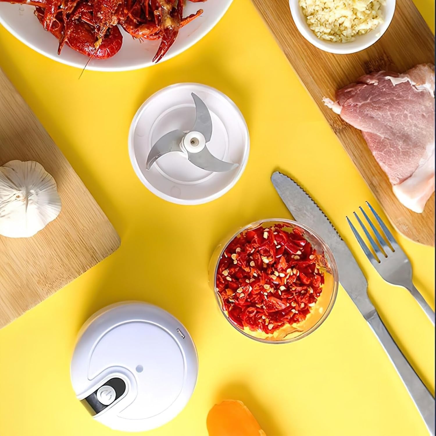 Picadora de Alimentos, Picadora Manual de Cocina, Picadora Electrica de Alimentos, Trocea, Mezcla, Machaca y Muele, Triple Cuchilla de Acero, Resistente, Fácil de Limpiar, Perfecto para Fruta, Verdura, Carne, Hierbas