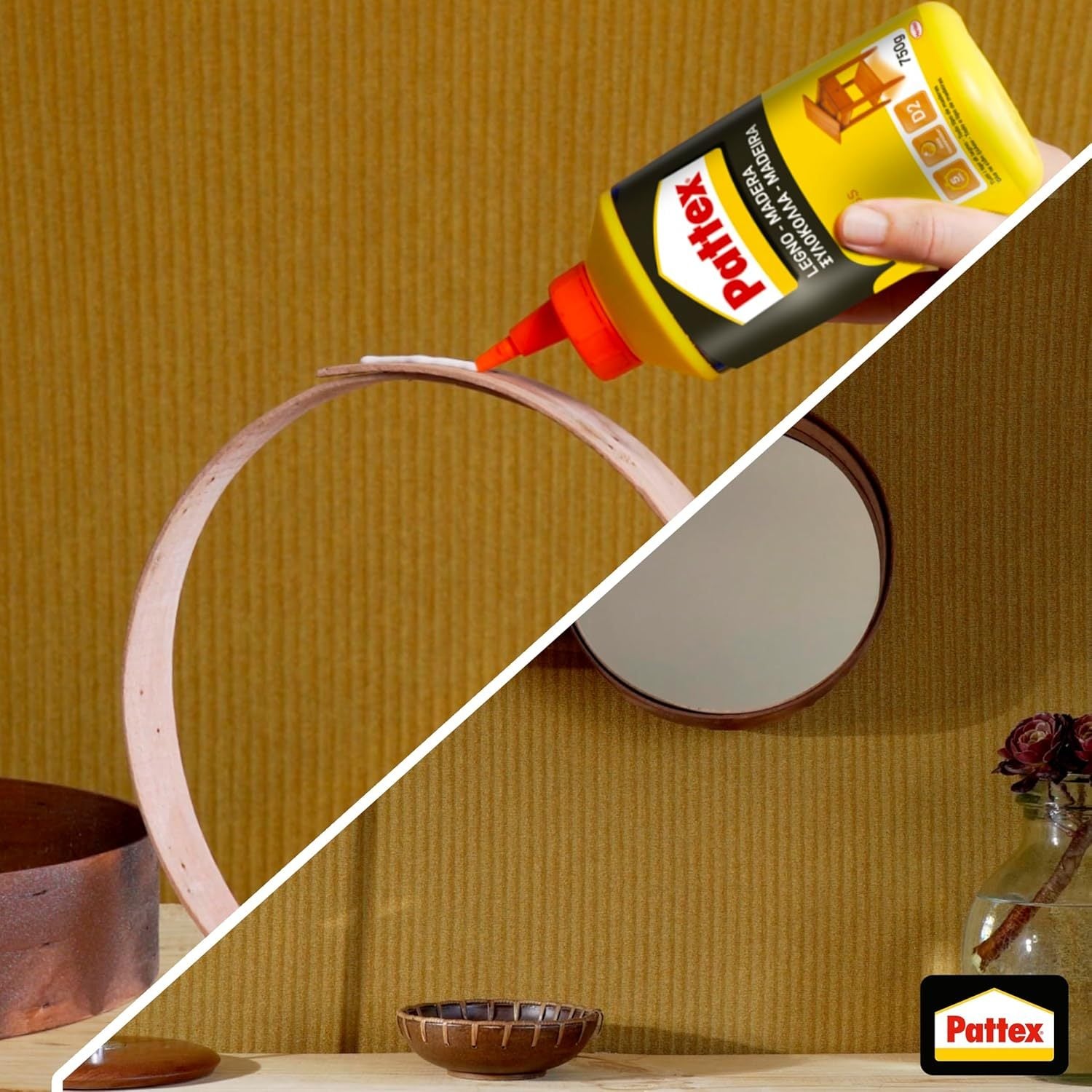 Pattex Cola para Madera Express Traslúcida, Cola de Contacto para Madera de Secado Rápido, Adhesivo de Montaje, Ensamblaje, Chapado y Laminado, Botella de 750 g