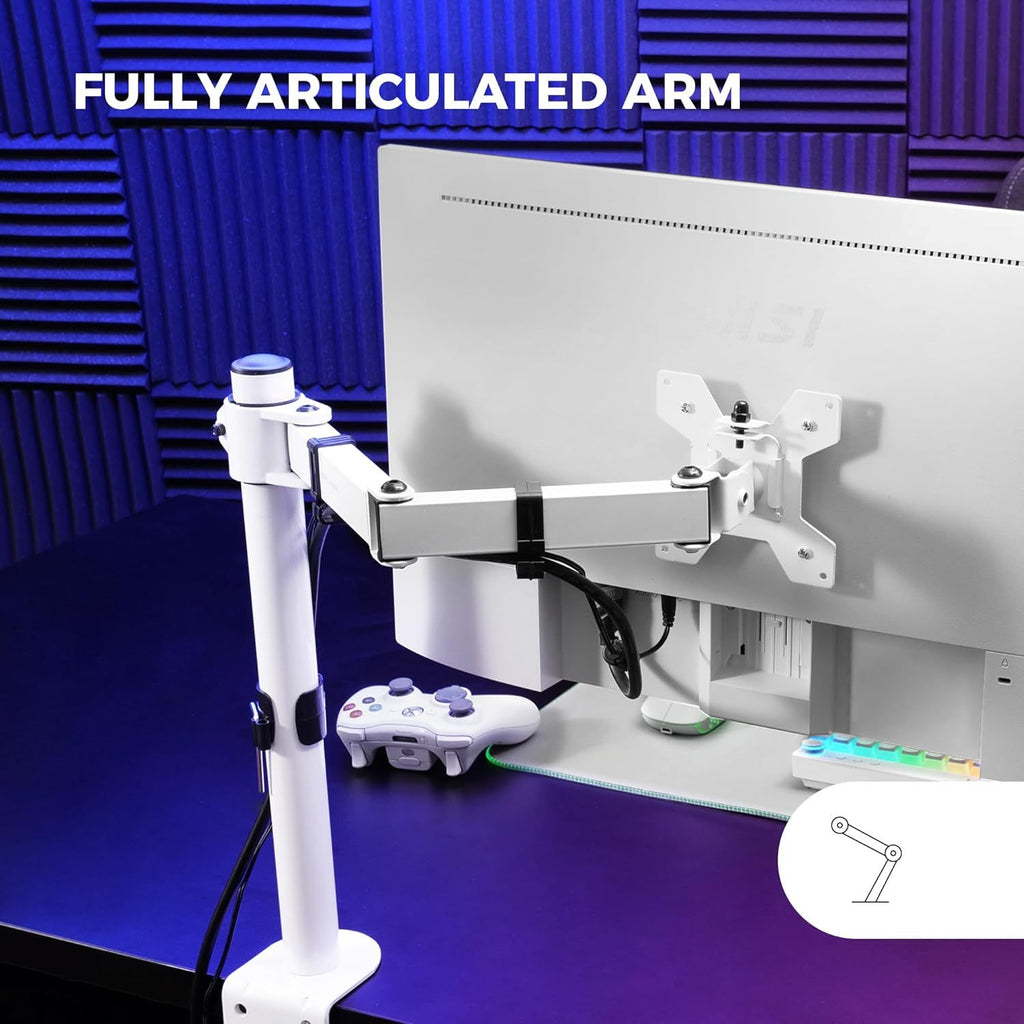 Mars Gaming MARM1, Soporte de Monitor de Brazo para Pantallas hasta 32”, Articulado y Regulable en Altura, Estructura Robusta, Compatible con VESA75 y VESA100, Blanco