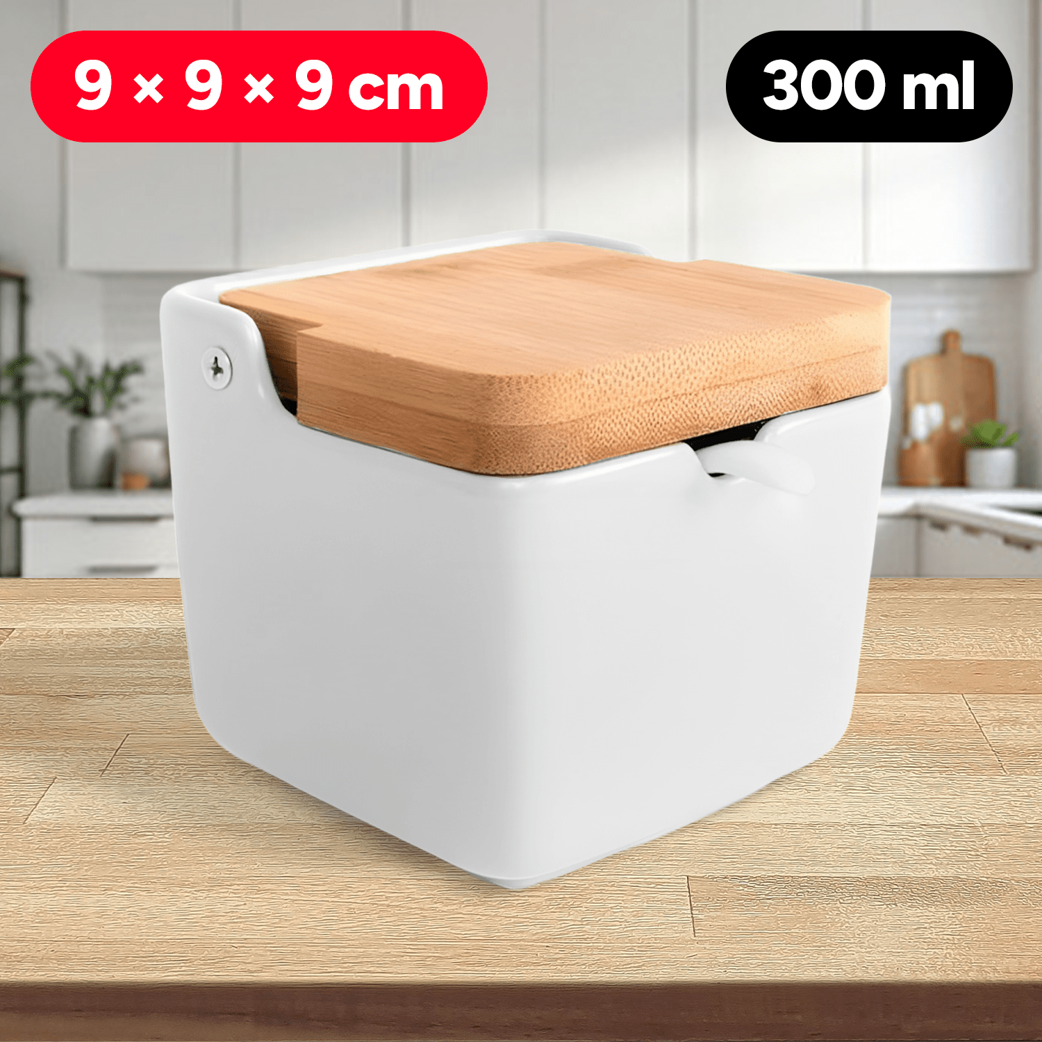 Azucarero Cocina con Tapa, Hecho de Cerámica y Madera, Capacidad de 300ml, Recipiente para Especias y Aliños, Blanco, 9 x 9 x 9 cm