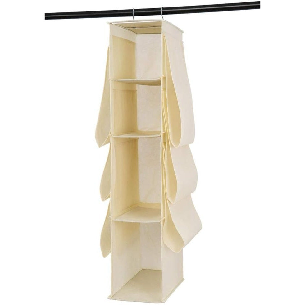 Organizador Armario Ropa, Organizador Bolsos de 18 x 36 x 80 cm, 2 Enganches Metálicos para Colgar, Compartimentos de Gran Capacidad, 4 Compartimentos Centrales, 6 Compartimentos Laterales