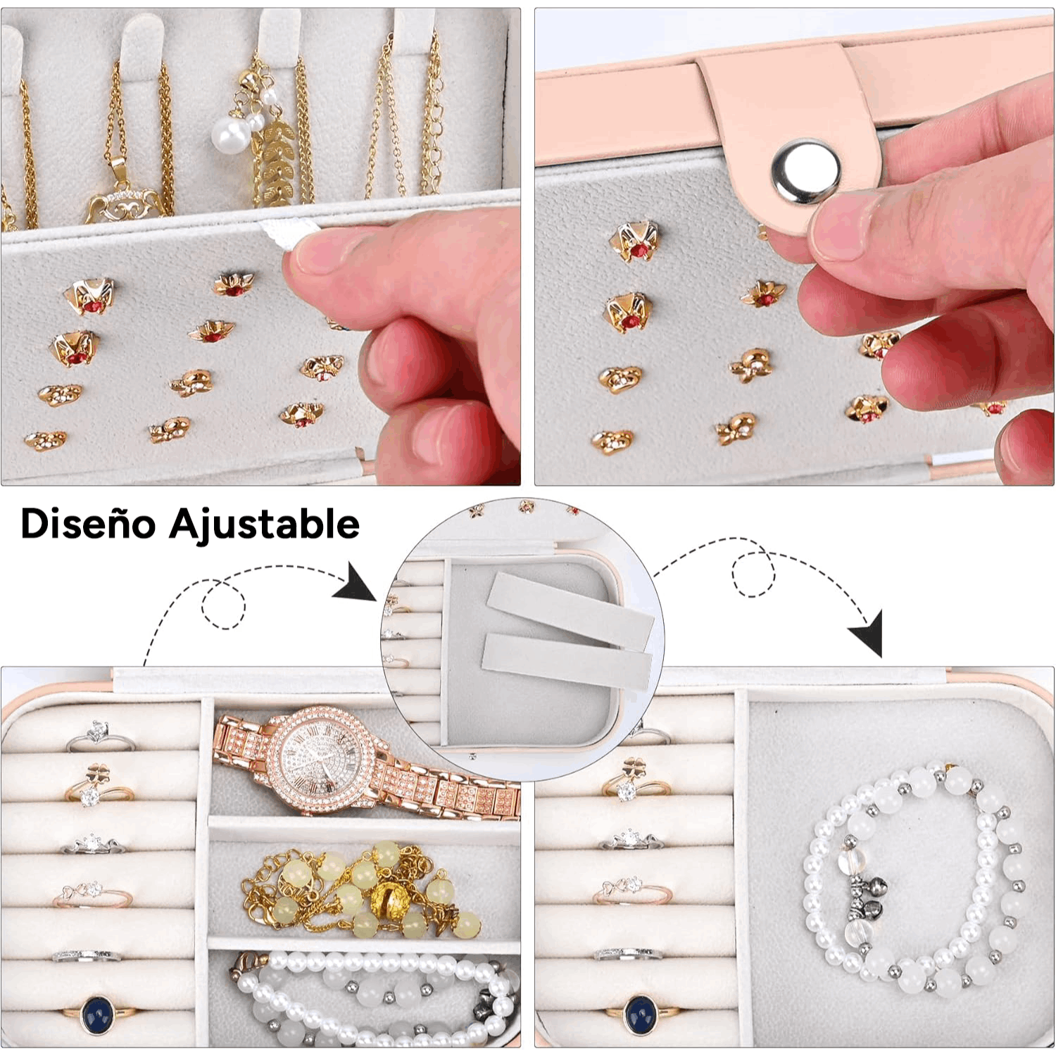Joyeros Organizador de Mujer con Múltiples Compartimentos y Espacios, Impermeable, Cremallera Resistente, Interior Suave para Proteger las Joyas del Desgaste, 16cm Largo x 11.5cm Ancho x 5cm Alto, Caja Organizadora de Joyas