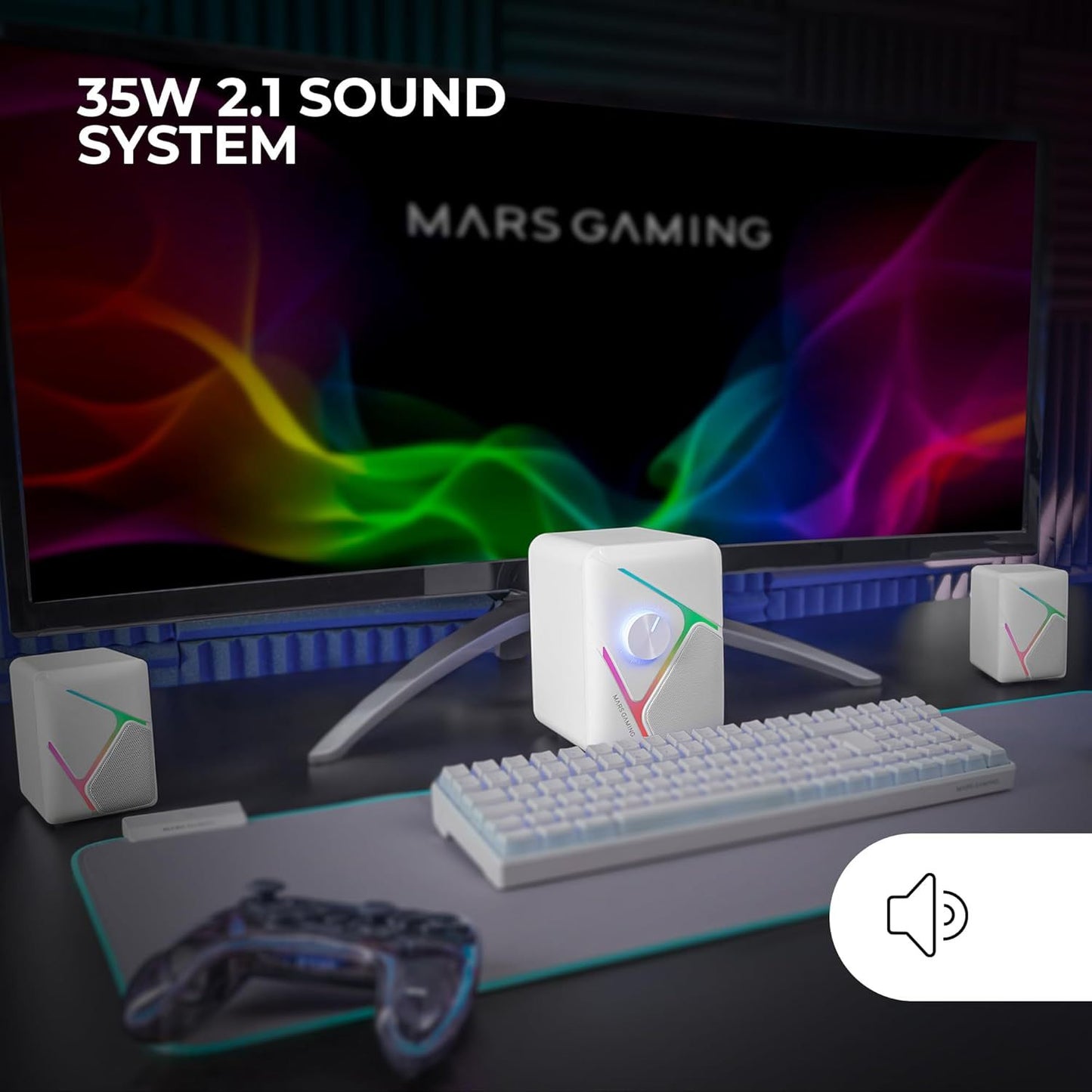 Mars Gaming MS-H21, Altavoces Gaming RGB 2.1 y Subwoofer 35W, Sistema Drivers Invertidos 3D Surround, Altavoces Compactos con Iluminación Dinámica RGB, Alimentación USB y Conector Jack 3.5mm, Blanco