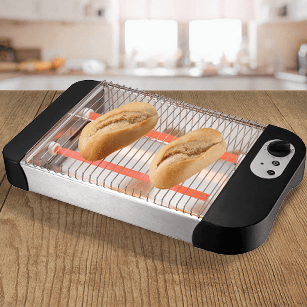 Tostadora Eléctrica Plana de Pan de 600W y Bandeja Recogemigas, Selección de Nivel de Tostado, Luz Indicadora de Encendido, Apto para todo tipo de Pan, 2 Barras Calentadoras de Cuarzo, Grill de Acero Inoxidable, Potencia de 600W, 220-240V, 50/60Hz