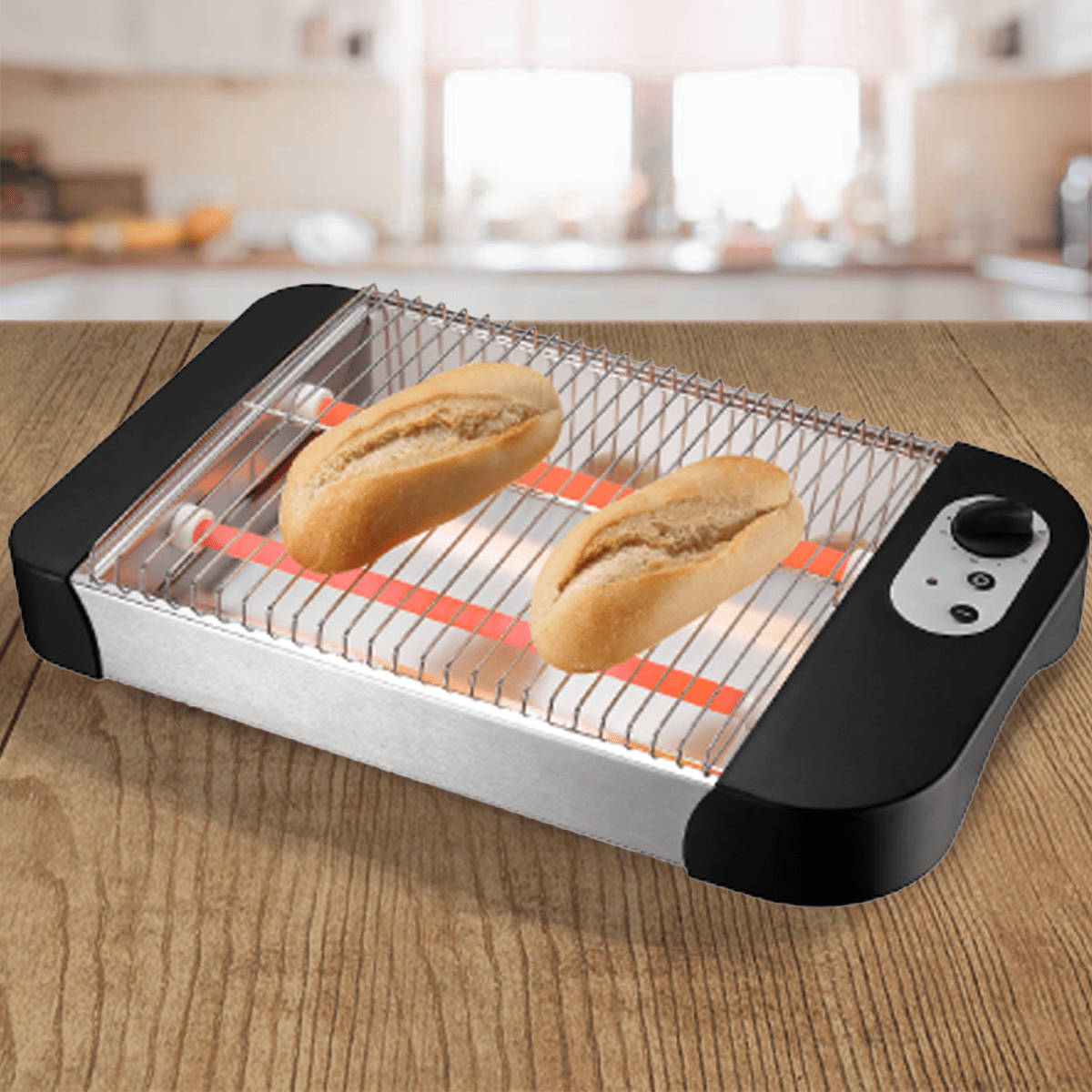 Tostadora Eléctrica Plana de Pan de 600W y Bandeja Recogemigas, Selección de Nivel de Tostado, Luz Indicadora de Encendido, Apto para todo tipo de Pan, 2 Barras Calentadoras de Cuarzo, Grill de Acero Inoxidable, Potencia de 600W, 220-240V, 50/60Hz