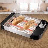 Tostadora Eléctrica Plana de Pan de 600W y Bandeja Recogemigas, Selección de Nivel de Tostado, Luz Indicadora de Encendido, Apto para todo tipo de Pan, 2 Barras Calentadoras de Cuarzo, Grill de Acero Inoxidable, Potencia de 600W, 220-240V, 50/60Hz