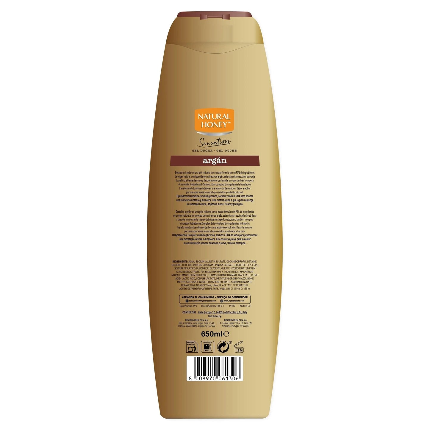Natural Honey, Gel de Ducha Hidratante con Argán, Nutrición y Exotismo para una Piel Suave, Fresca y Protegida, Línea Derma Care, 650 ml