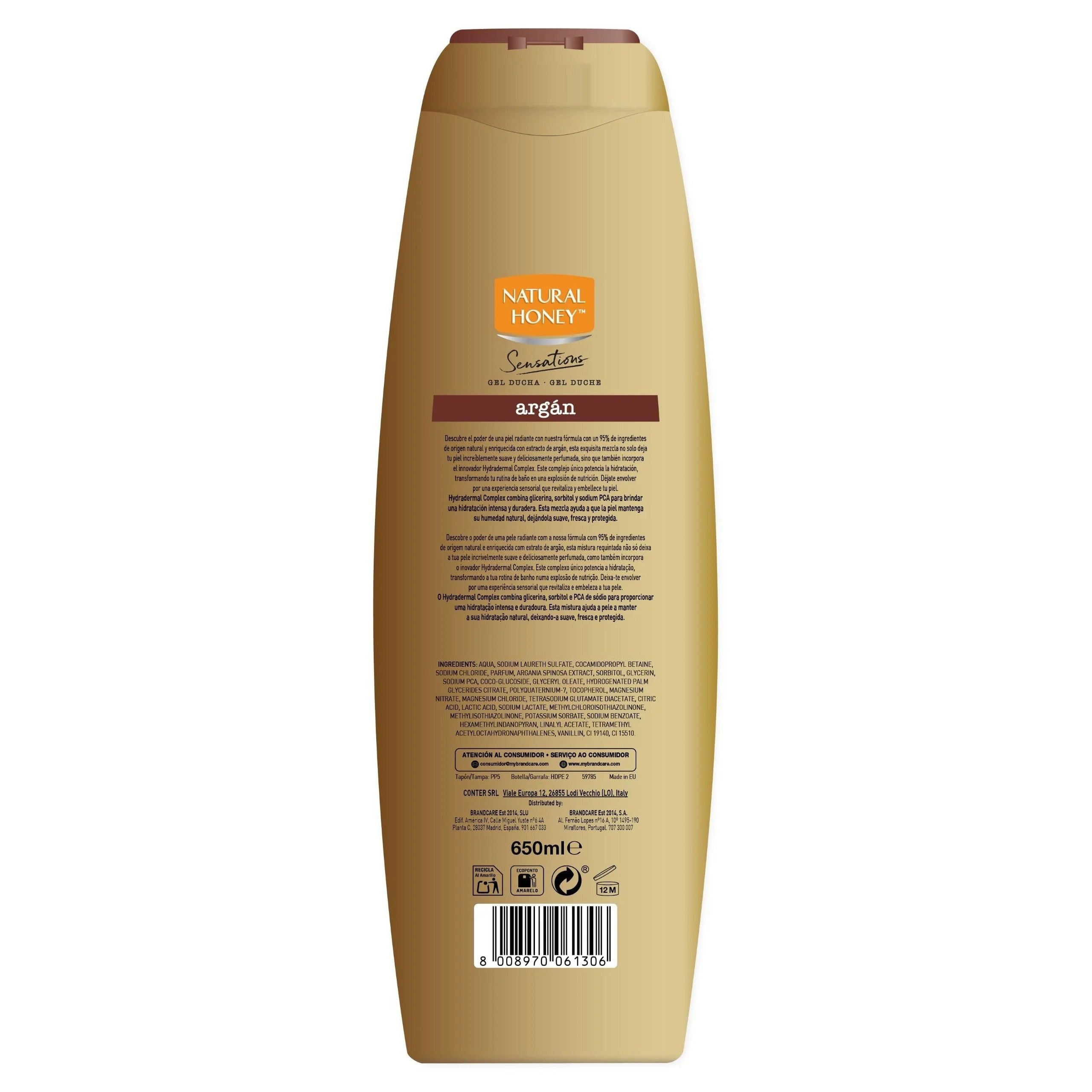 Natural Honey, Gel de Ducha Hidratante con Argán, Nutrición y Exotismo para una Piel Suave, Fresca y Protegida, Línea Derma Care, 650 ml