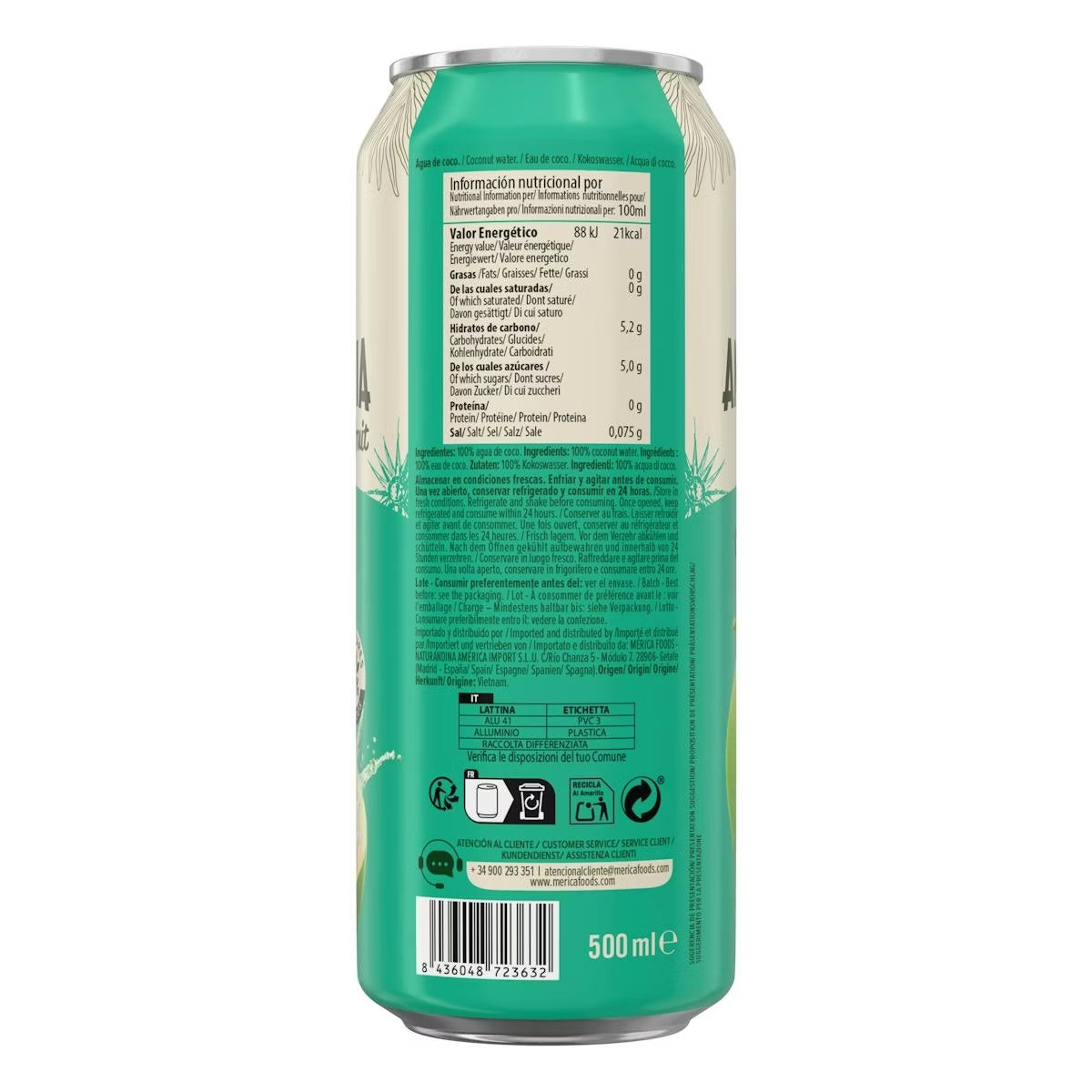 Amazonia Fruit Agua de Coco 100% Natural 12 Latas de 500 ml, 0% Azúcares Añadidos