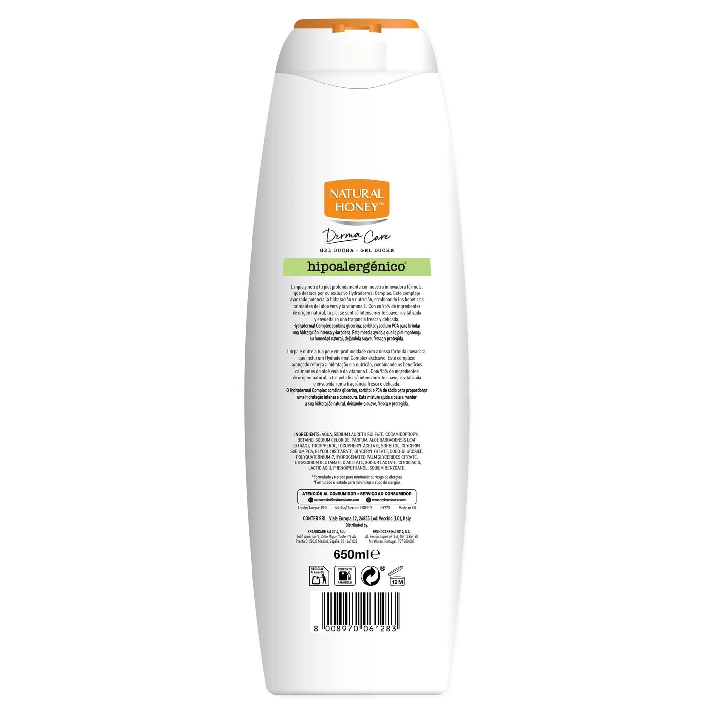 Natural Honey, Gel de Ducha Hipoalergénico con Aloe Vera, Vitamina E y Hydradermal Complex, Hidratante y Calmante para una Piel Suave y Revitalizada, Fragancia Fresca, Línea Derma Care, 650 ml