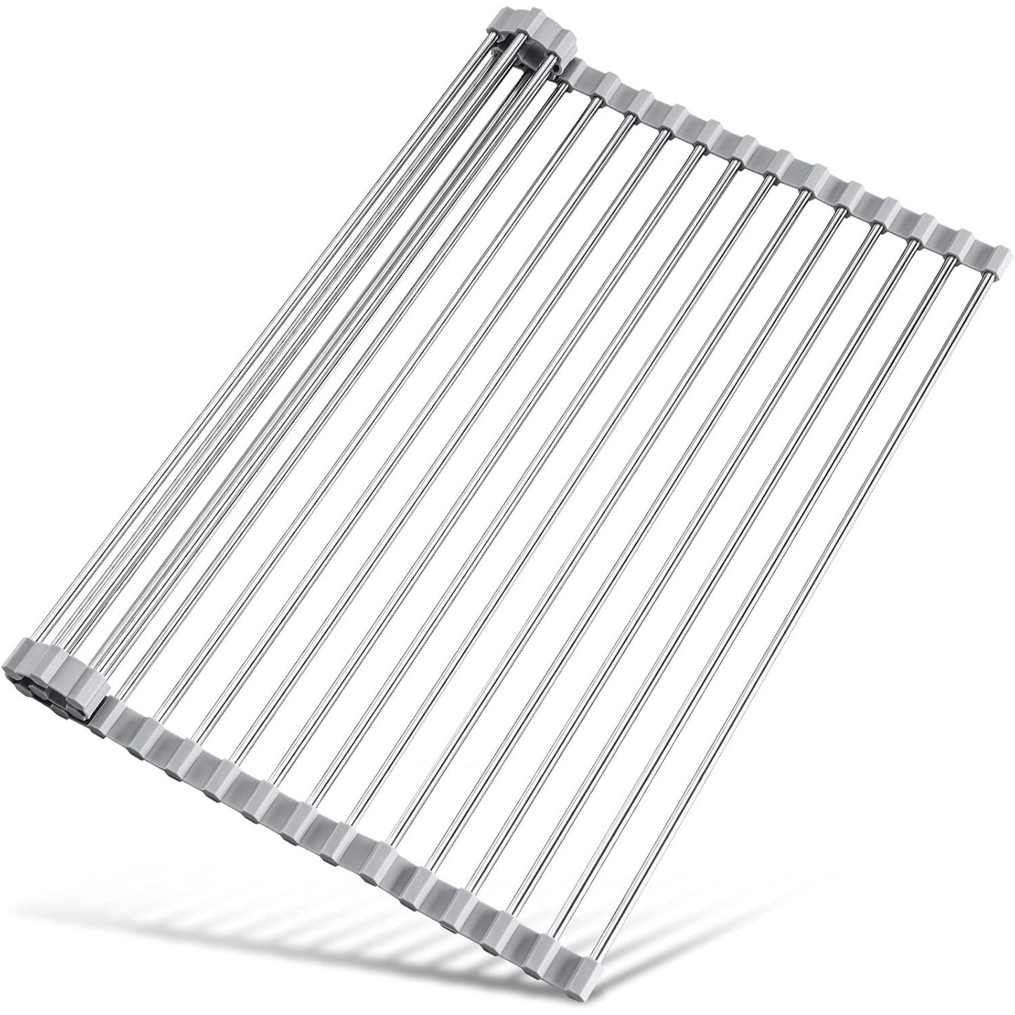 Escurridor de Platos para Fregadero, Escurridor de Platos Enrrollable de Acero Inoxidable, Escurridor Multifuncional sobre Fregadero, Escurridor de Platos Plegable, Colador de Cocina para Frutas y Verdurias, Fácil de Limpiar, Ahorra Espacio, Color Gris