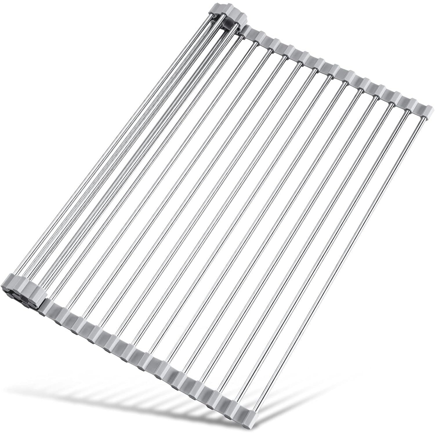 Escurridor de Platos para Fregadero, Escurridor de Platos Enrrollable de Acero Inoxidable, Escurridor Multifuncional sobre Fregadero, Escurridor de Platos Plegable, Colador de Cocina para Frutas y Verdurias, Fácil de Limpiar, Ahorra Espacio, Color Gris