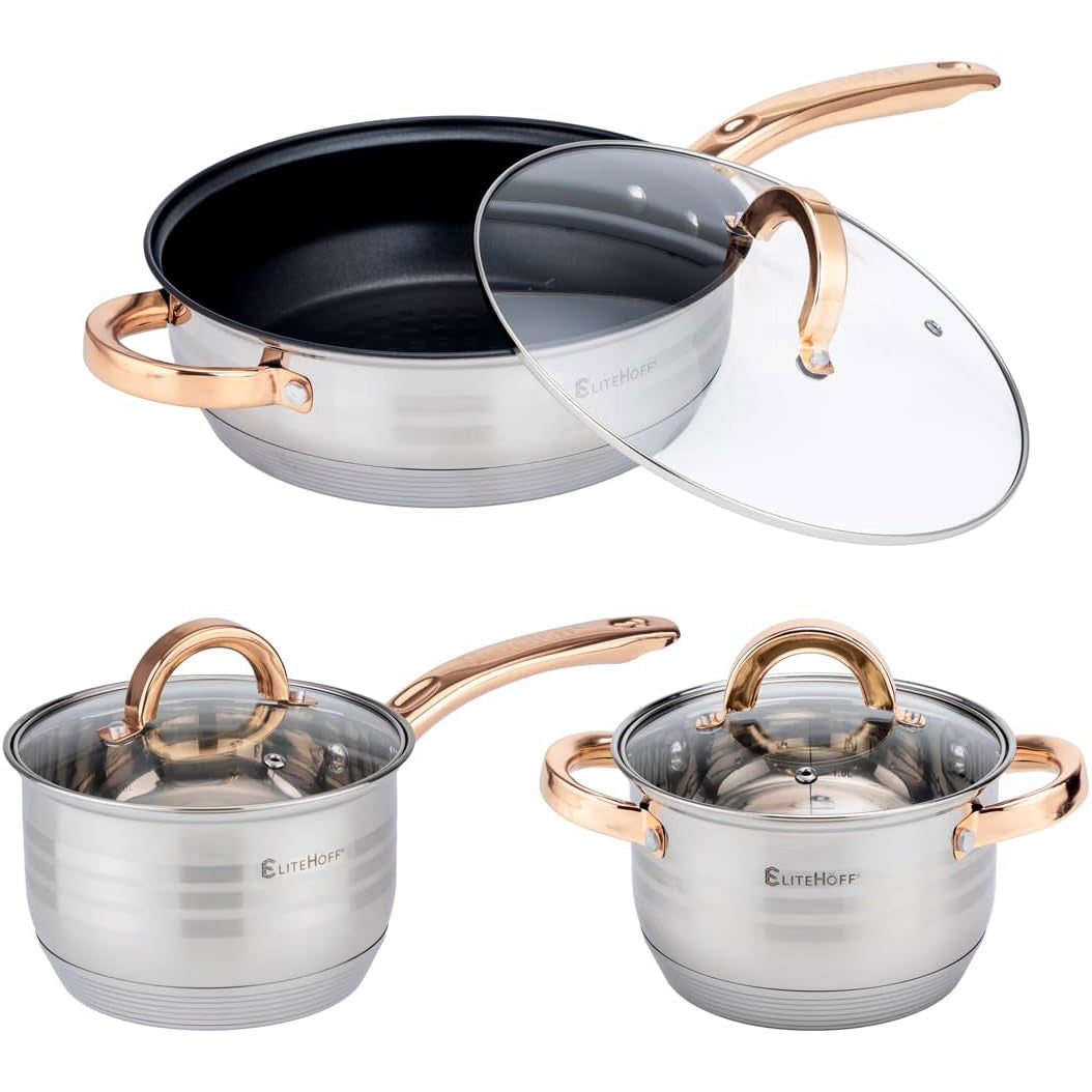 Batería de Cocina 12 Piezas, Juego de Ollas, Cazo y Sartén de Acero Inoxidable, Tapas Incluidas, Apto para Lavavajillas, Apto para Cocina Eléctrica, Gas, Vitrocerámica e Inducción