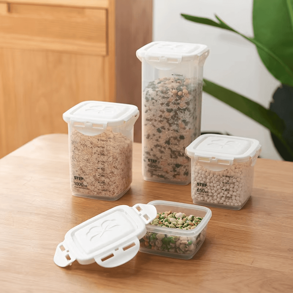 Recipientes Almacenamiento Cocina, Set de 4 Recipientes de Botes Cocina Almacenaje de Plástico, Capacidad para 240ml, 650ml, 1000ml y 2200ml, Cierre Hermético con Tapa, Apilables