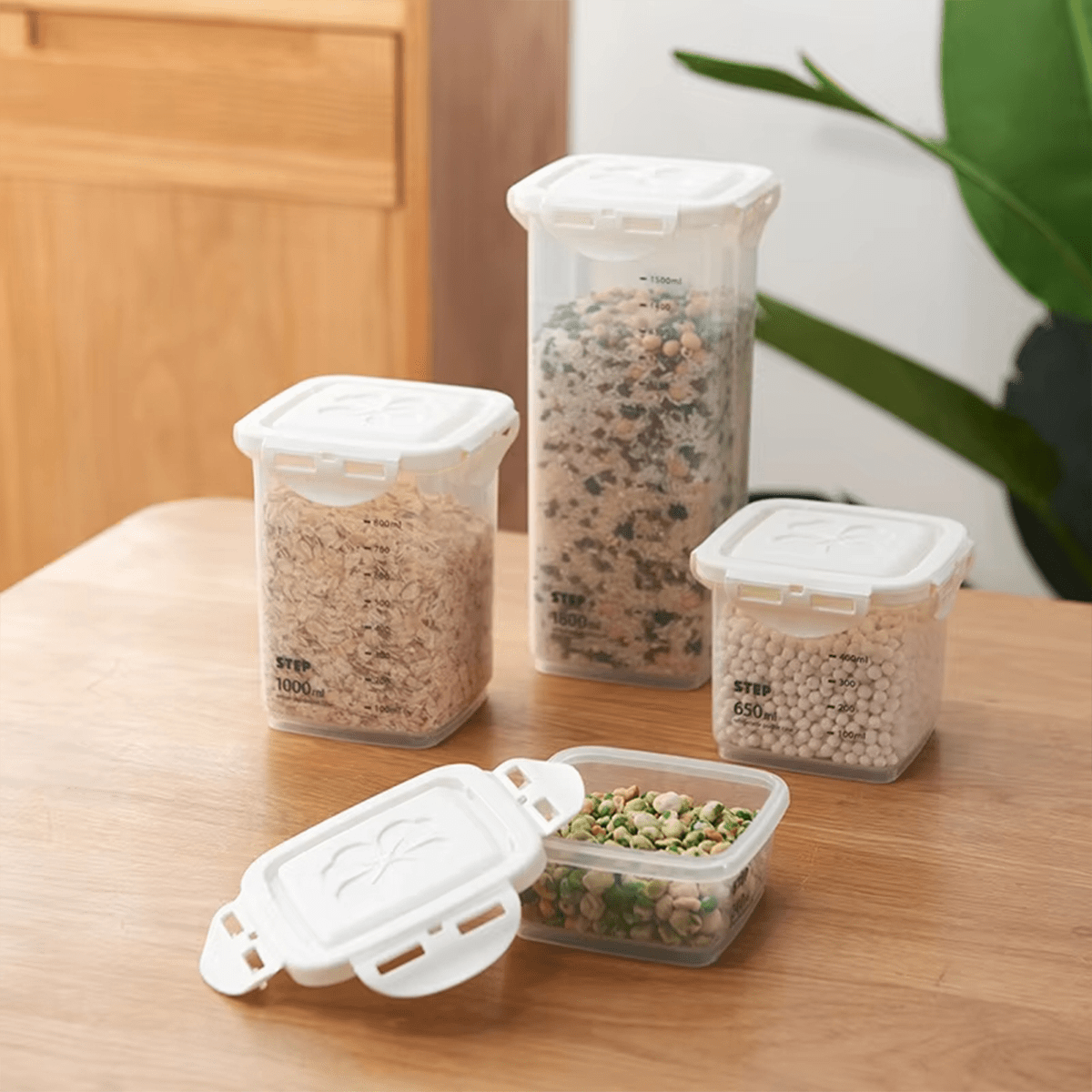 Recipientes Almacenamiento Cocina, Set de 4 Recipientes de Botes Cocina Almacenaje de Plástico, Capacidad para 240ml, 650ml, 1000ml y 2200ml, Cierre Hermético con Tapa, Apilables