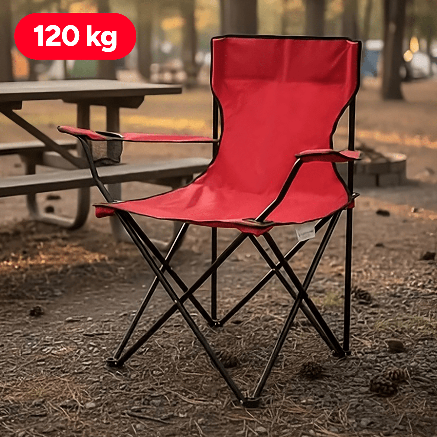 Silla Plegable Camping con Respaldo y Apoyabrazos, Ideal para Picnic, Pesca y Exterior, Resistente y Compacta, Soporta 120 kg, 50x50x80 cm, Rojo