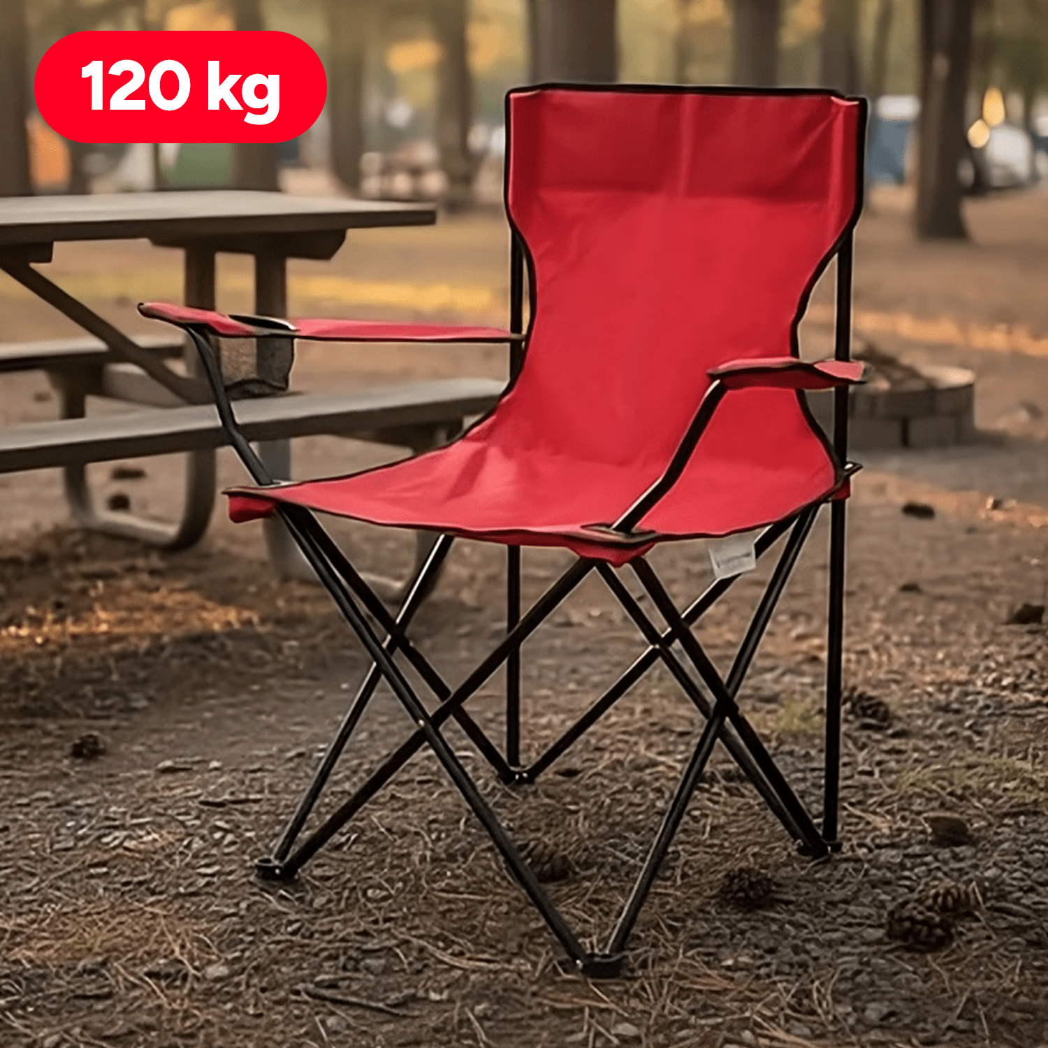 Silla Plegable Camping con Respaldo y Apoyabrazos, Ideal para Picnic, Pesca y Exterior, Resistente y Compacta, Soporta 120 kg, 50x50x80 cm, Rojo