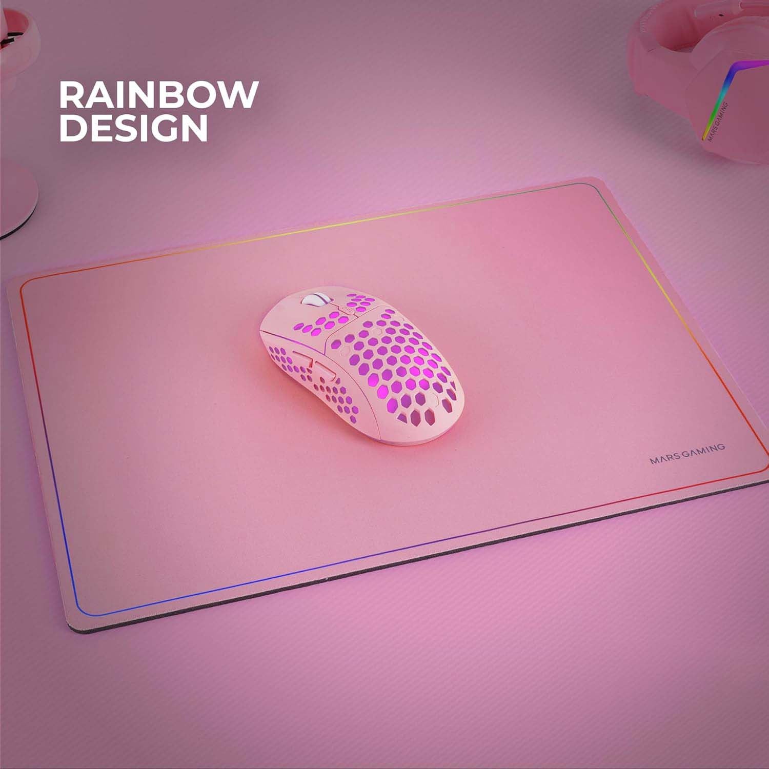 Mars Gaming MMP124, Alfombrilla Gaming 360x260mm, Diseño de Bordes Rainbow, Base Antideslizante de Caucho Natural, Superficie Nanotextil de Alta Precisión, Alfombrilla de Ratón Flexible, Rosa