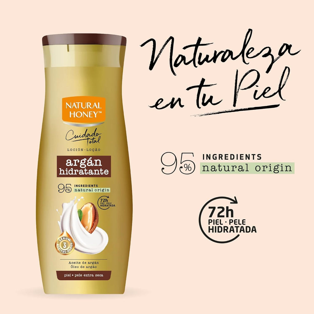 Natural Honey, Loción Corporal Argán Hidratante para Pieles Secas, 72H de Hidratación Profunda, Fórmula con Aceite de Argán y Sérum de 3 Aceites, Piel Suave y Radiante, Línea Cuidado Total, 330 ml por Botella