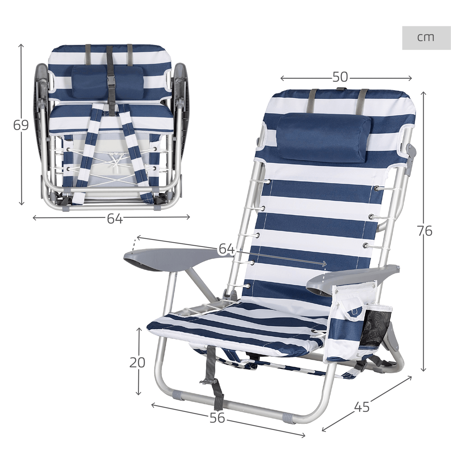 Silla Plegable Playa Reclinable y Resistente. Soporta hasta 110kg. 4 Posiciones, Respaldo Reclinable, Cojín Acolchado, Bolsillo Lateral. Sistema Antivuelco. Hecha de Aluminio y Poliéster. Ideal para Playa, Jardín, Terraza o Camping. 50x45x76cm