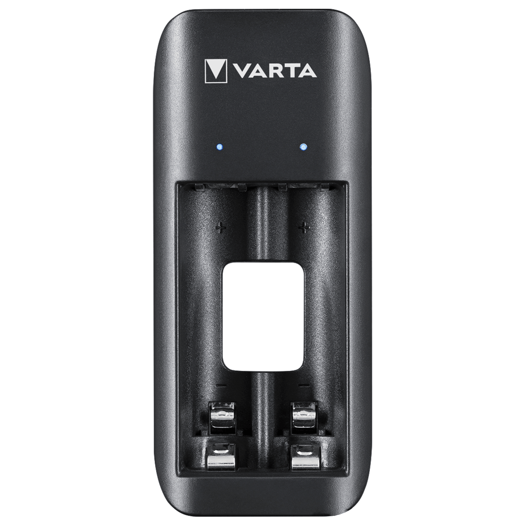 VARTA Cargador Pilas Recargables AA y AAA, Carga Hasta 2 Pilas Simultáneamente, Incluye 2 Pilas Recargables AAA de 800mAh, Tamaño Compacto Fácil de Llevar o Guardar